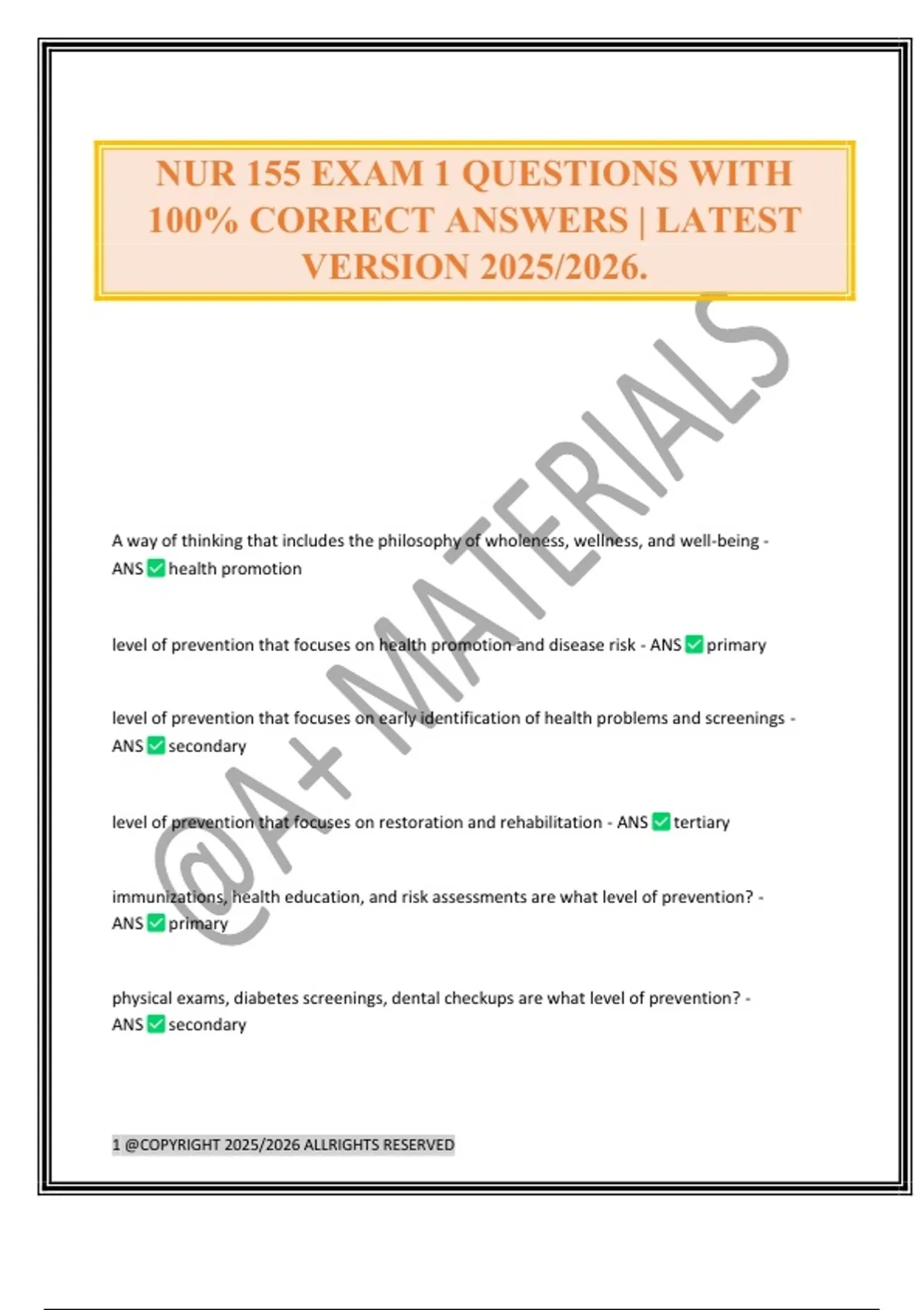 NUR 155 EXAM 1 QUESTIONS WITH 100% CORRECT ANSWERS | LATEST VERSION ...
