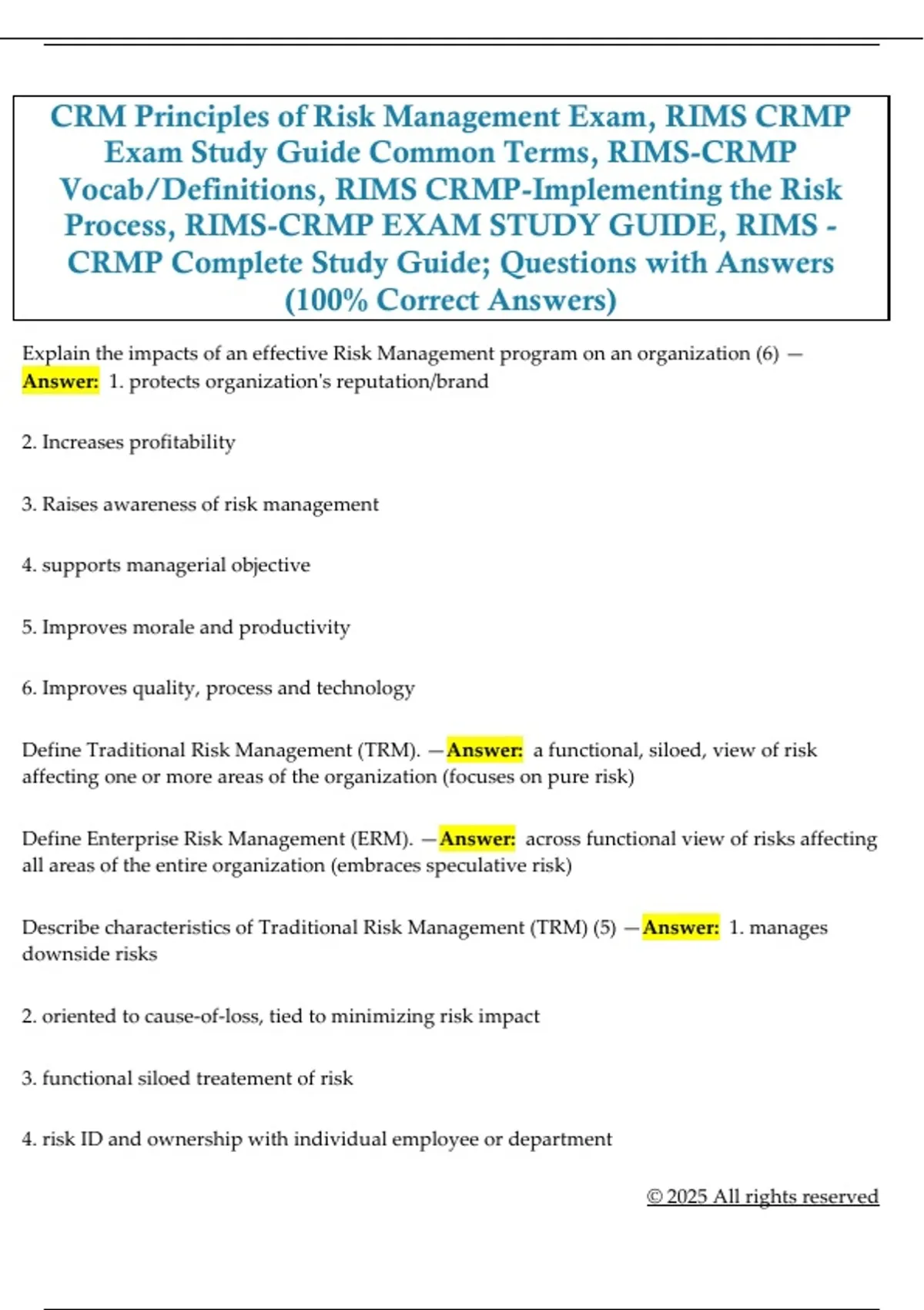 Rims Risk Management Process CRM Principles of Risk Management Exam, RIMS CRMP Exam Study Guide ...