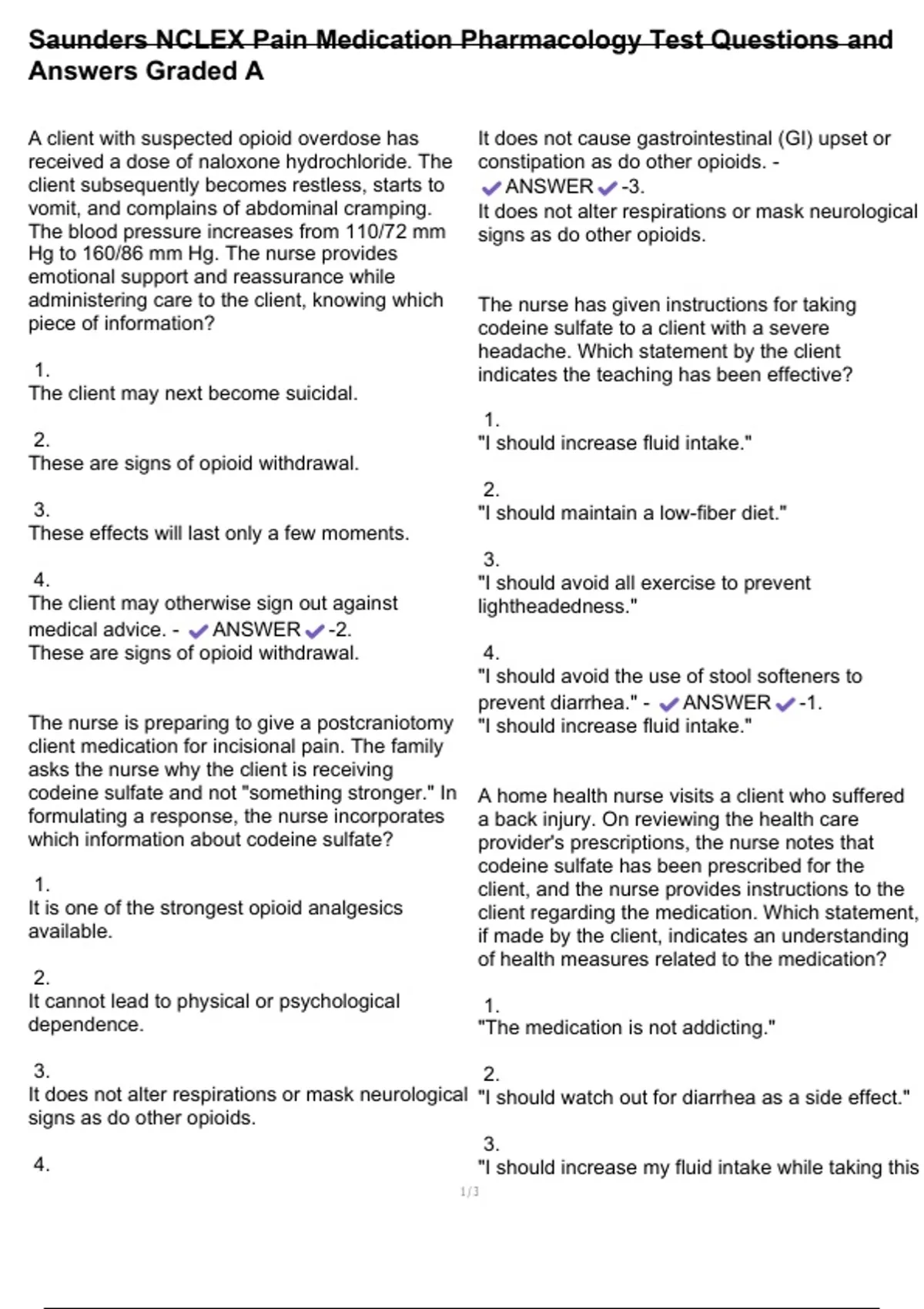 Saunders NCLEX Pain Medication Pharmacology Test Questions and Answers ...