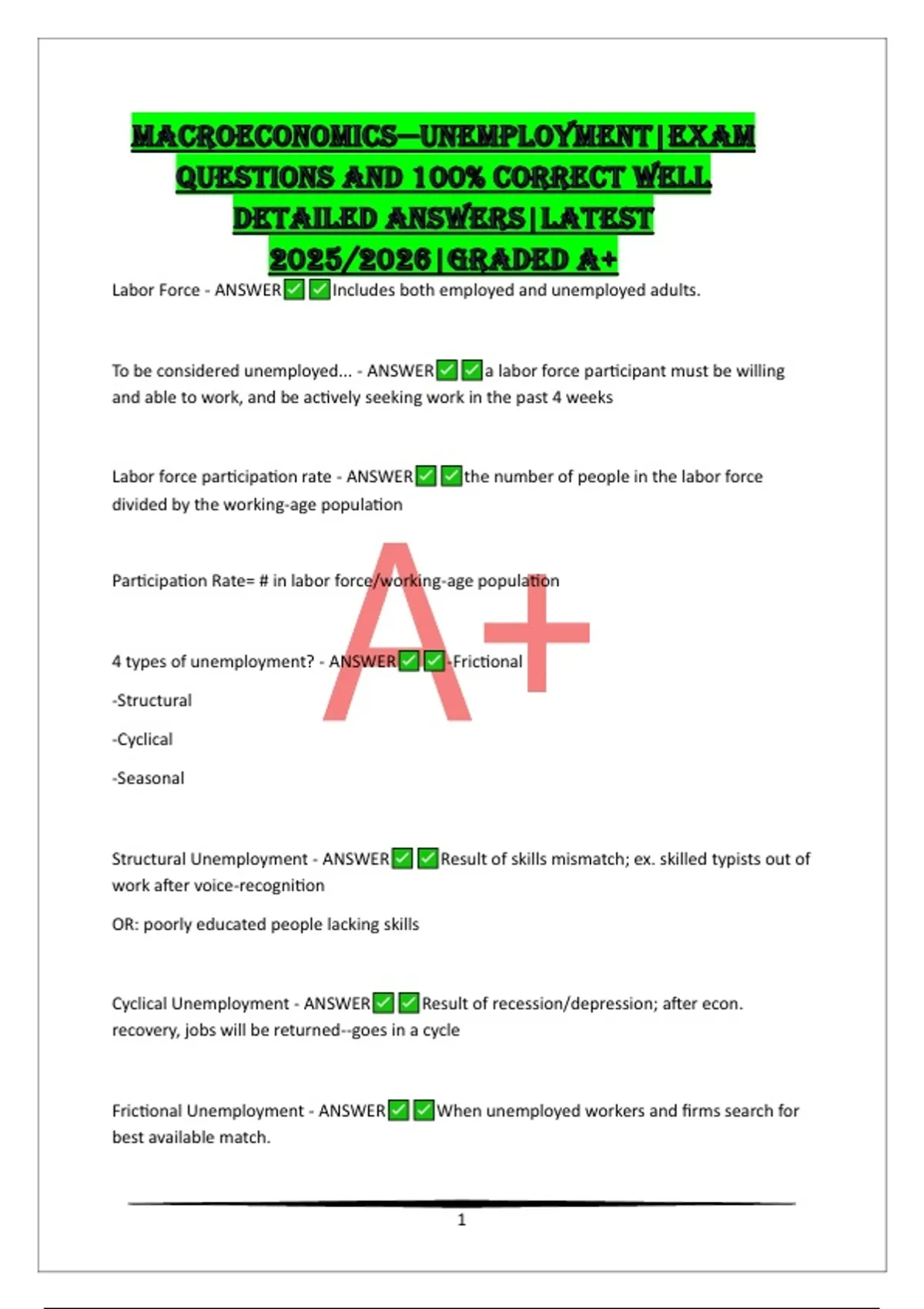 MACROECONOMICS—UNEMPLOYMENT|EXAM QUESTIONS AND 100% CORRECT WELL DETAILED ANSWERS|LATEST 2025/ ...