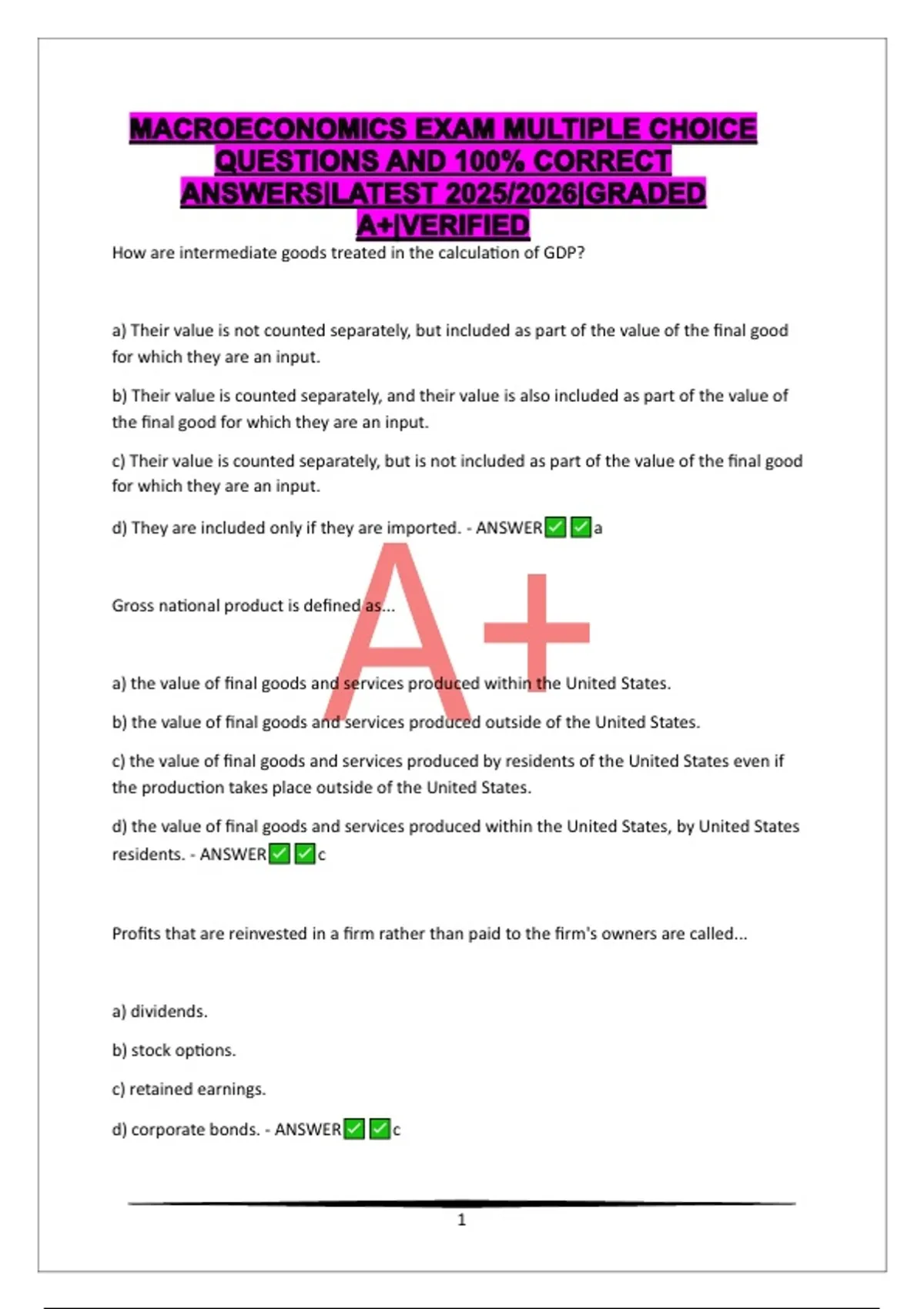 MACROECONOMICS EXAM MULTIPLE CHOICE QUESTIONS AND 100% CORRECT ANSWERS ...
