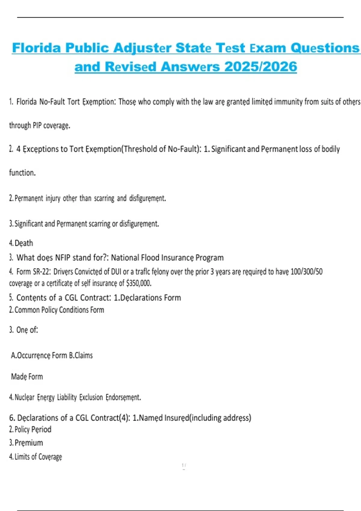 Florida Public Adjuster State Exam (Test Questions and Revised Answers ...