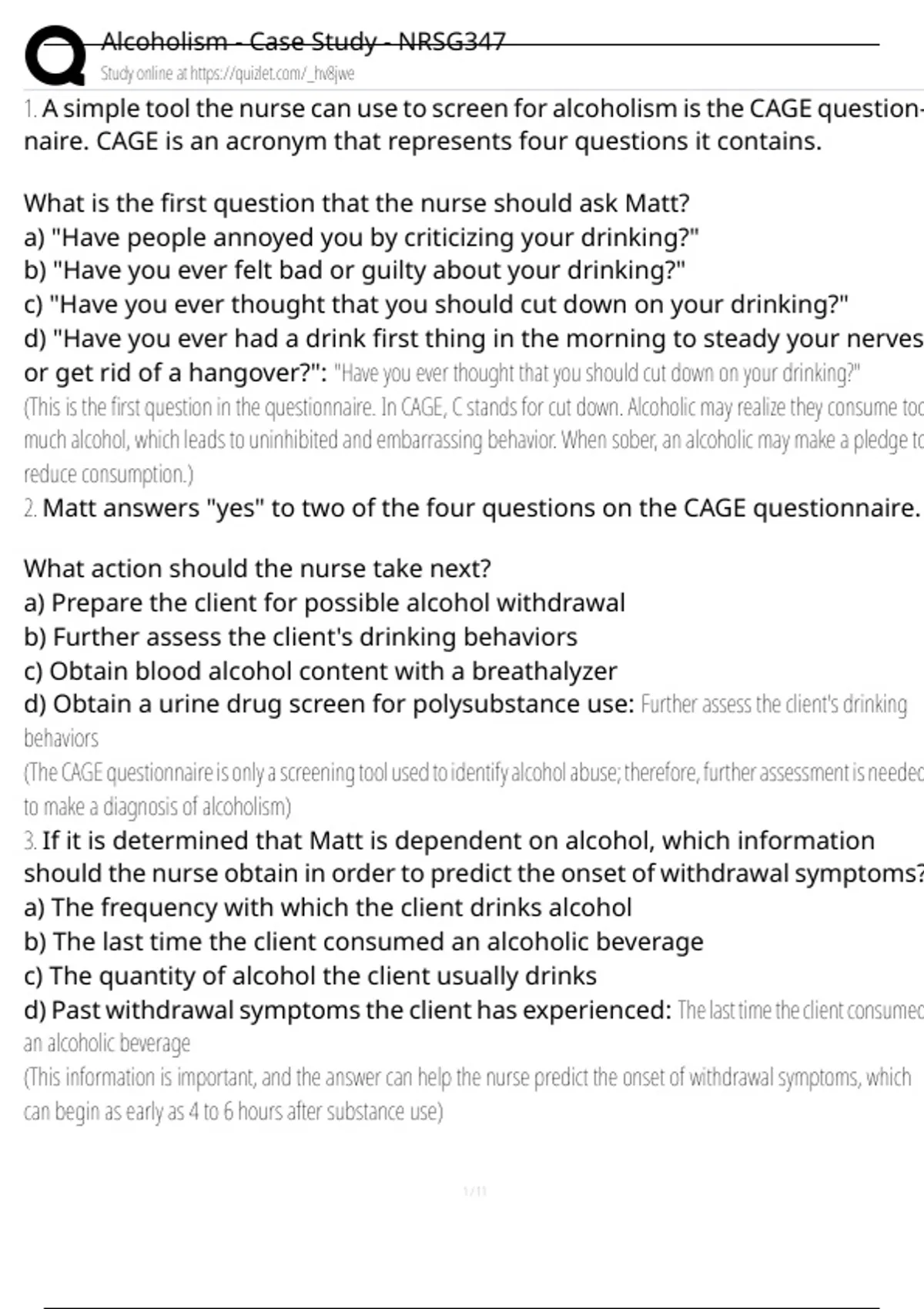 Alcoholism - Case Study - NRSG347 Exam Questions and Answers 100% Pass ...