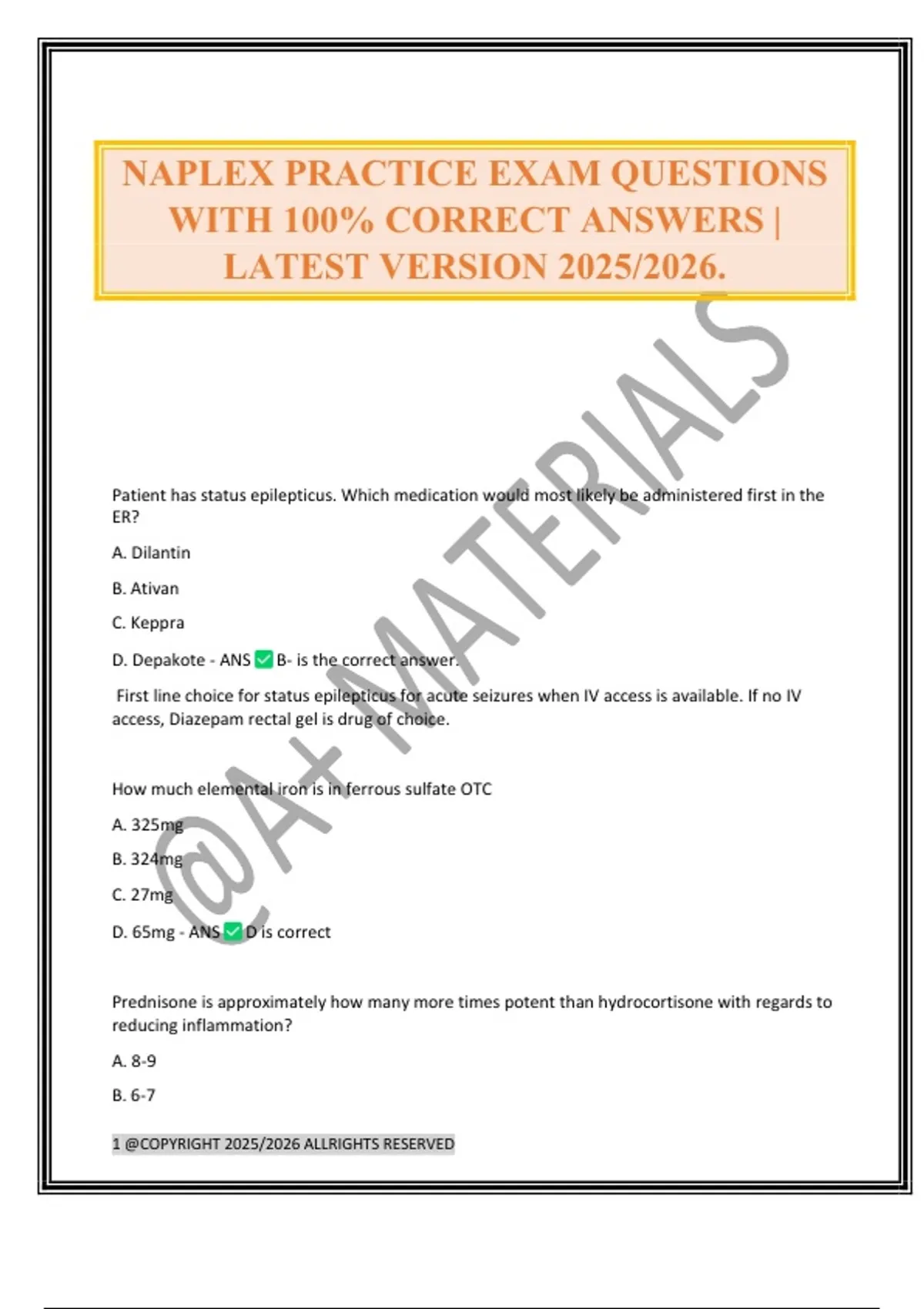NAPLEX PRACTICE EXAM QUESTIONS WITH 100% CORRECT ANSWERS | LATEST ...