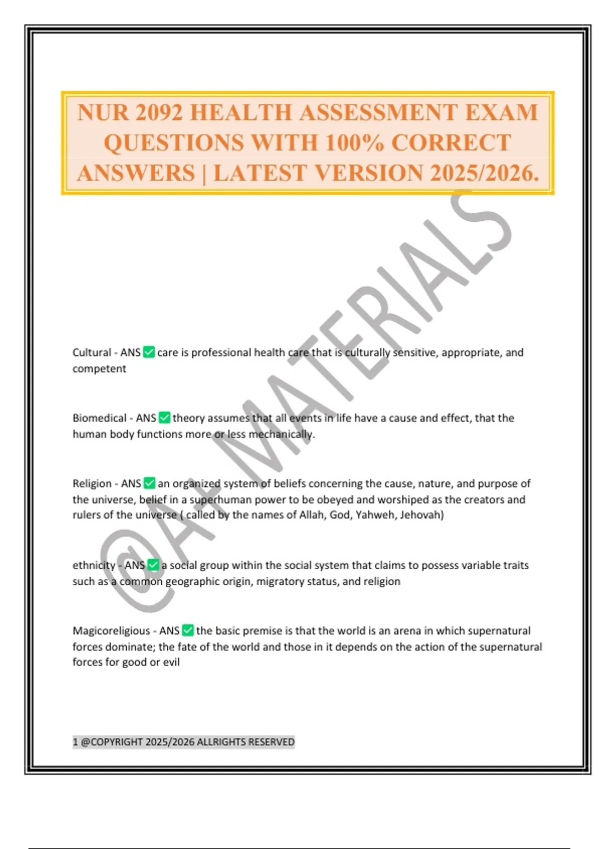 NUR 2092 HEALTH ASSESSMENT EXAM QUESTIONS WITH 100% CORRECT ANSWERS ...