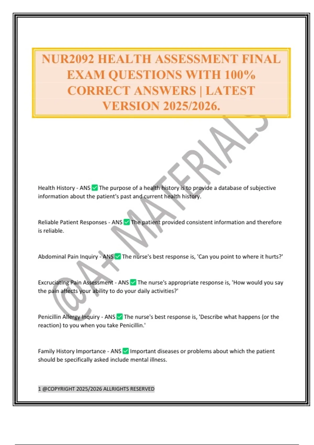 NUR2092 HEALTH ASSESSMENT FINAL EXAM QUESTIONS WITH 100% CORRECT ...