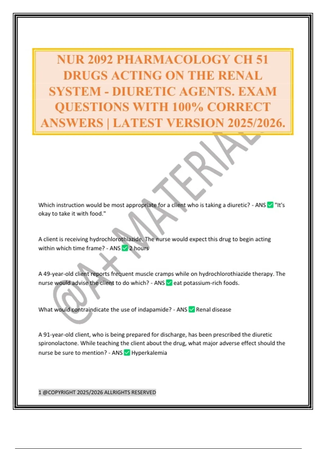 NUR 2092 PHARMACOLOGY CH 51 DRUGS ACTING ON THE RENAL SYSTEM - DIURETIC ...