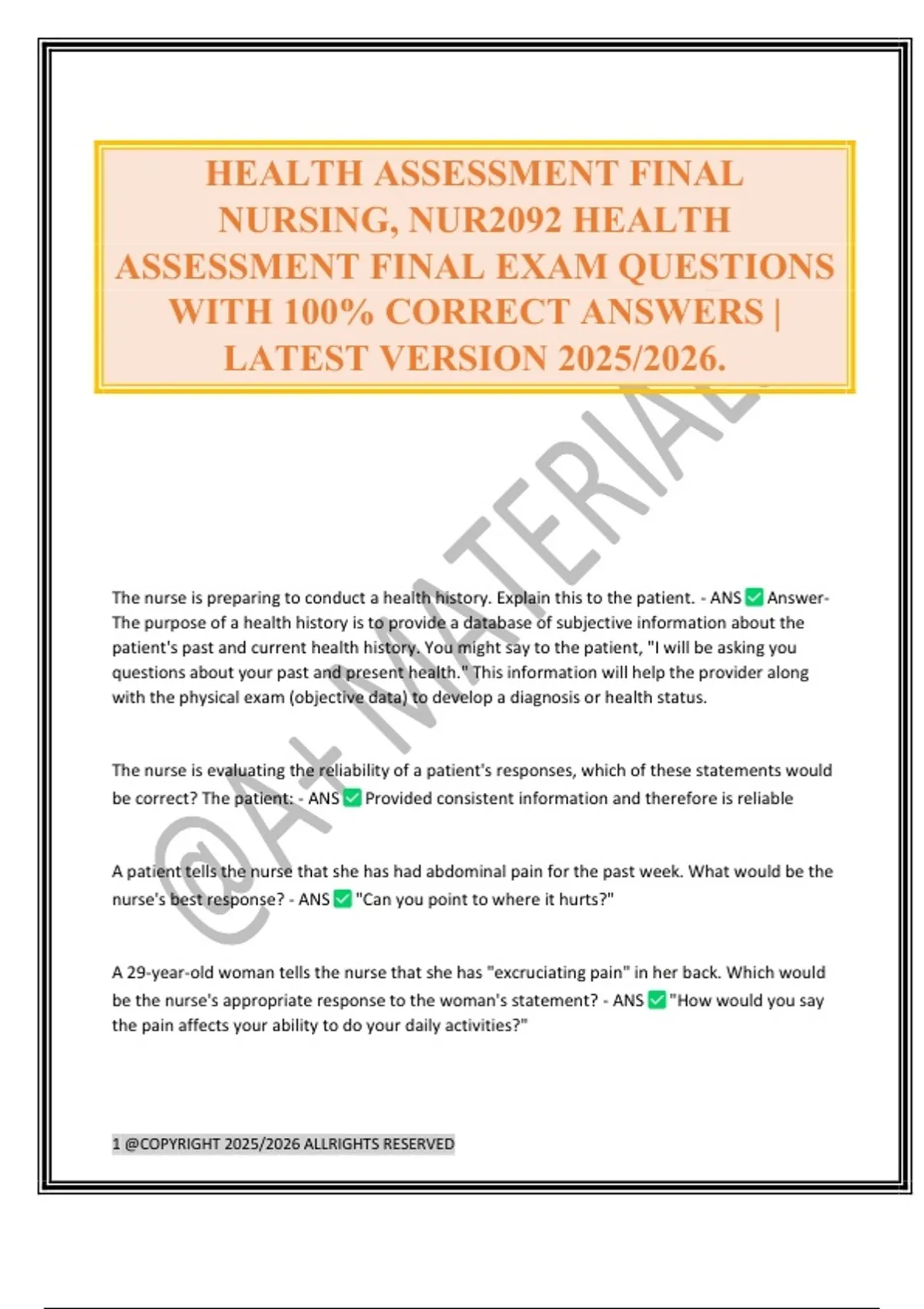 HEALTH ASSESSMENT FINAL NURSING, NUR2092 HEALTH ASSESSMENT FINAL EXAM ...