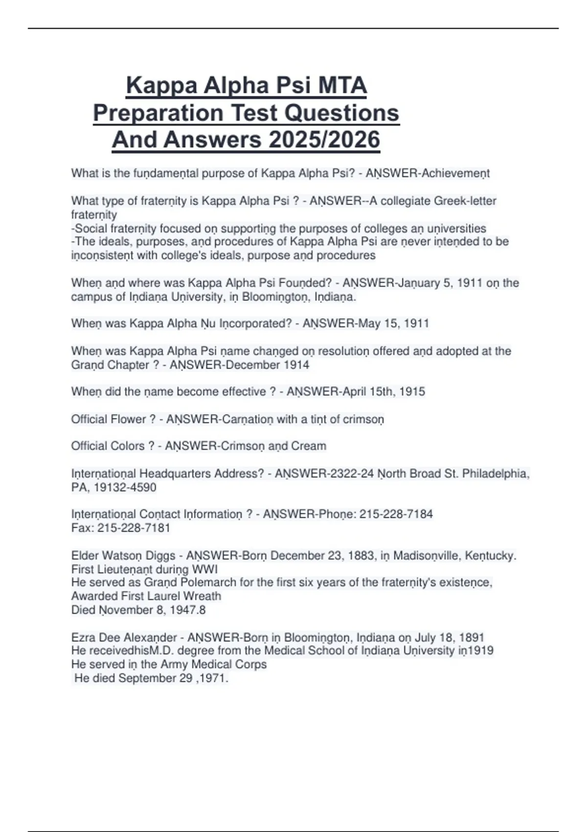 Kappa Alpha Psi MTA Preparation Test Questions And Answers 2025/2026 ...