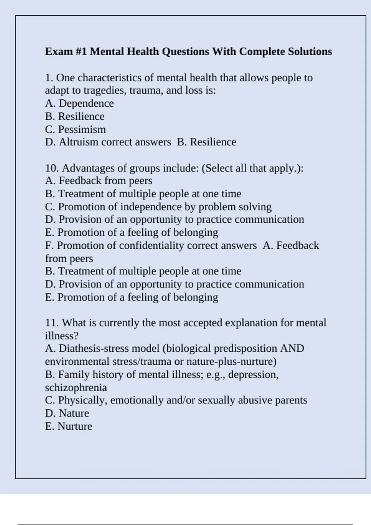 Exam #1 Mental Health Questions With Complete Solutions - Mental health ...