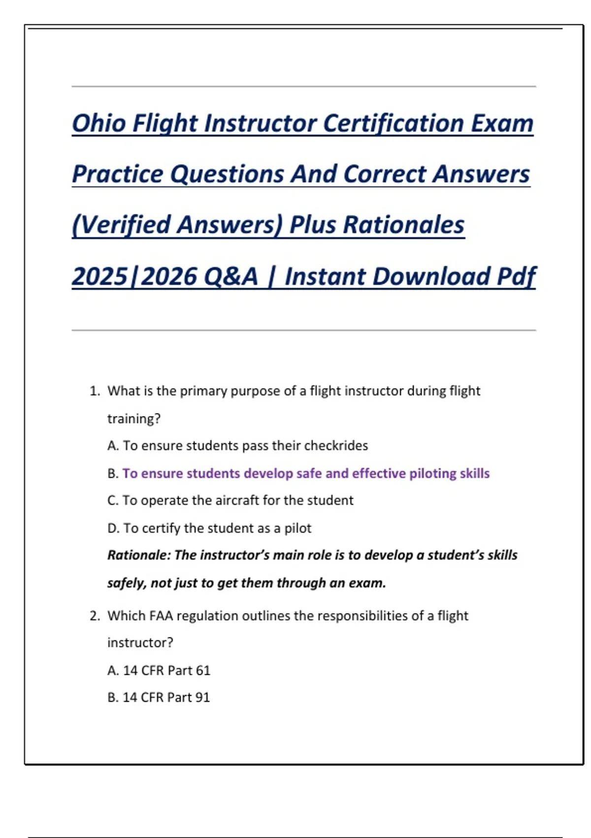 Flight Instructor Test Form Ohio Flight Instructor Certification Exam Practice Questions And ...