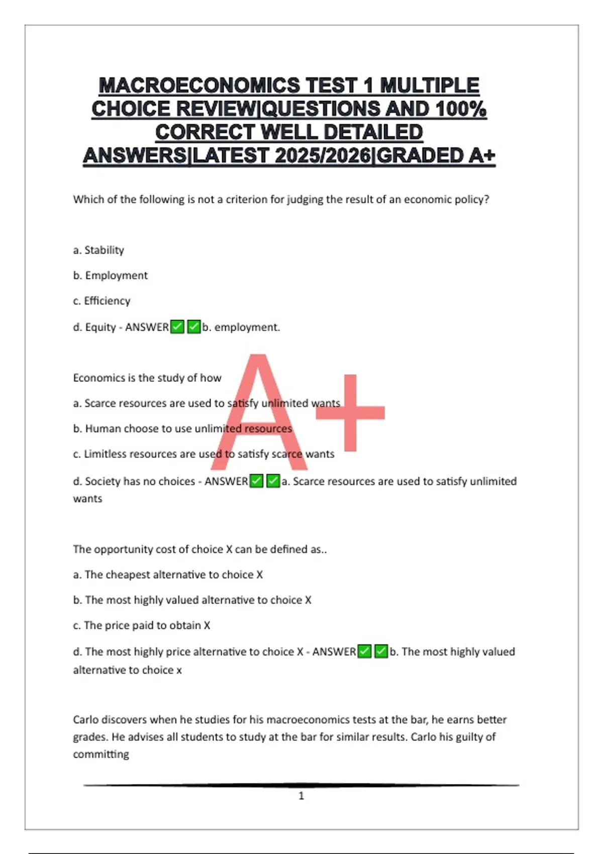 MACROECONOMICS TEST 1 MULTIPLE CHOICE REVIEW|QUESTIONS AND 100% CORRECT ...