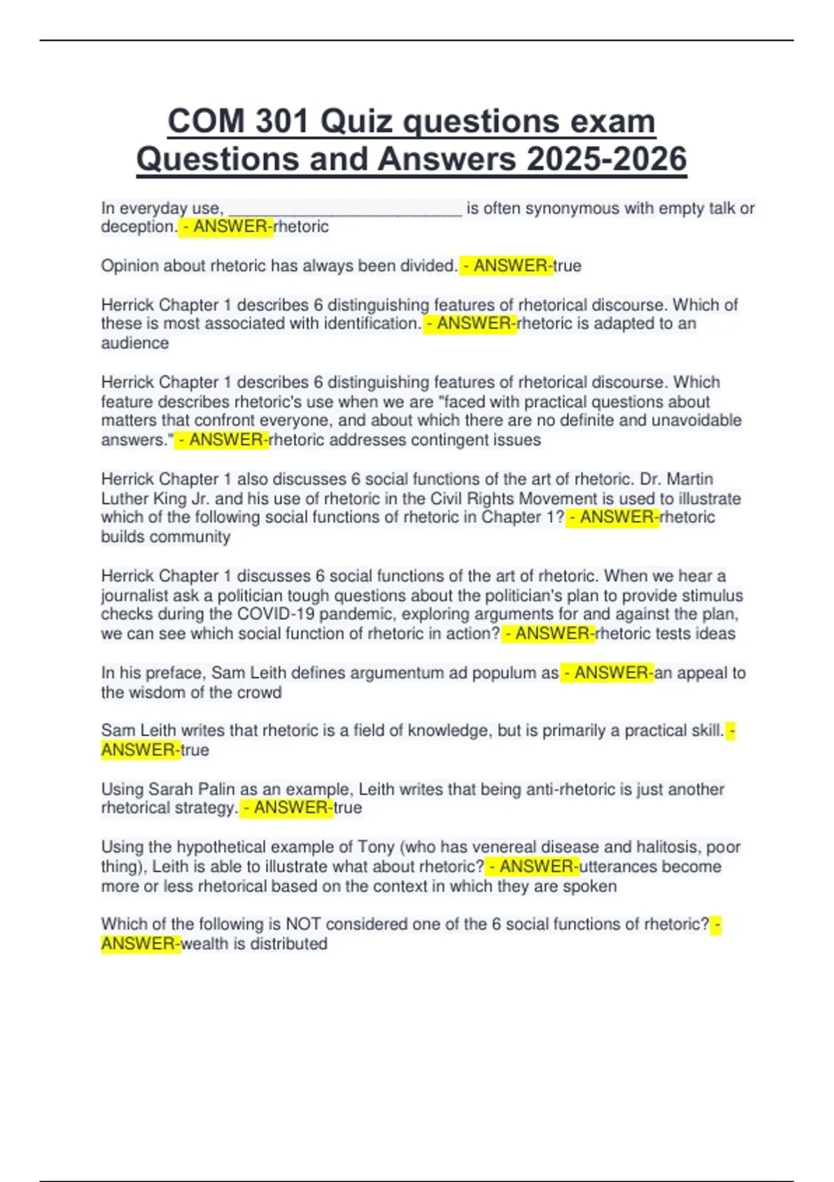 COM 301 Quiz questions exam Questions and Answers 2025 - COM 301 ...