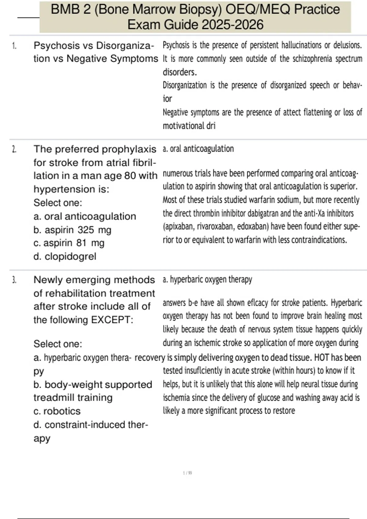 BMB 2 (Bone Marrow Biopsy) OEQ/MEQ Practice Exam Guide - BMB 2 OEQ/MEQ ...