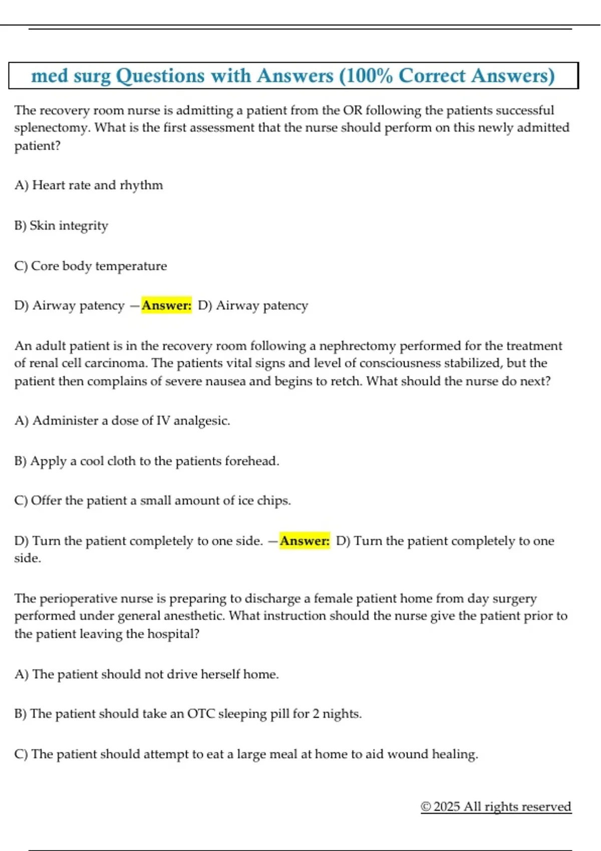 med surg Questions with Answers (100% Correct Answers) - Med Surg ...