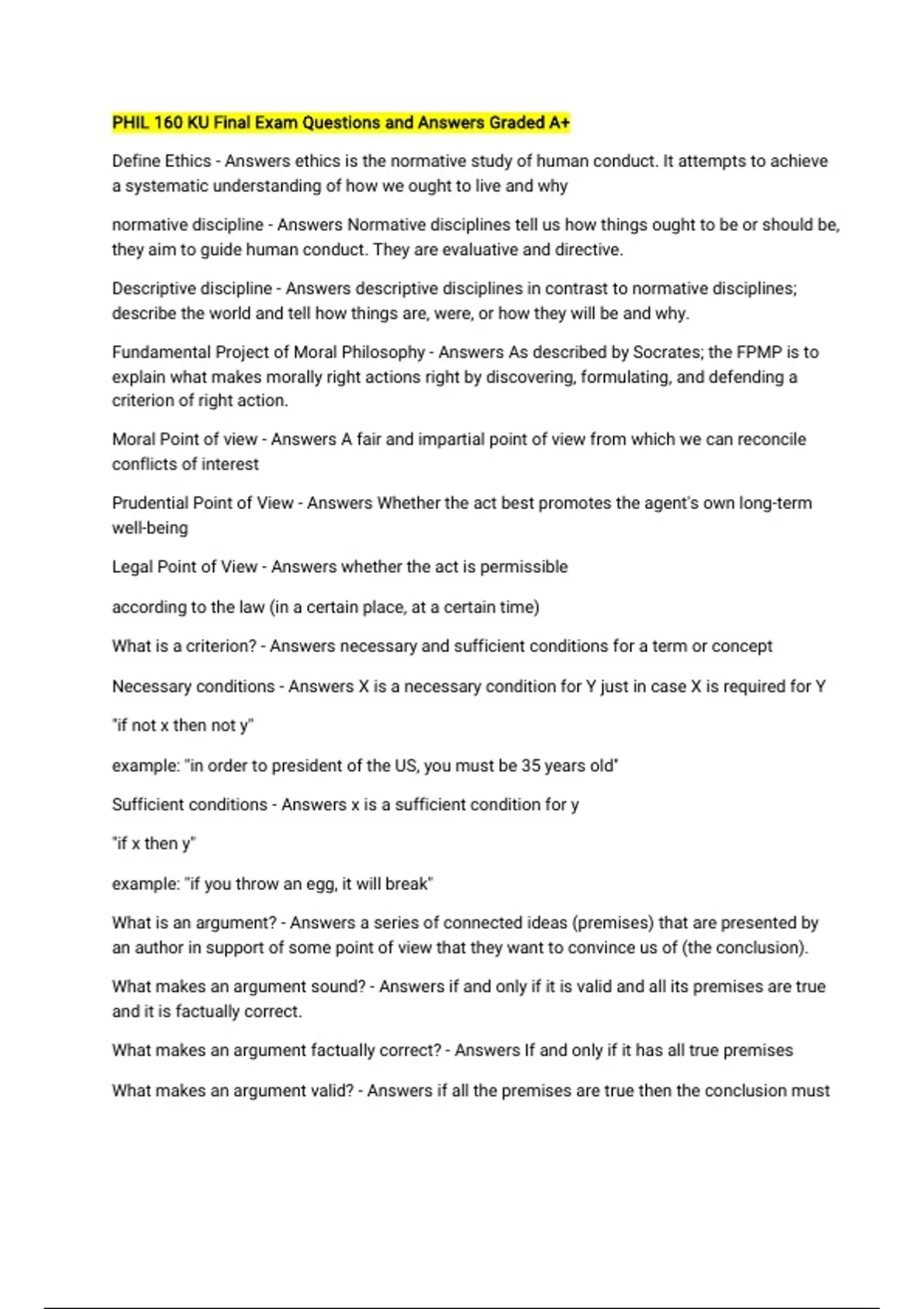 PHIL 160 KU Final Exam Questions and Answers Graded A+ - PHIL 160 ...