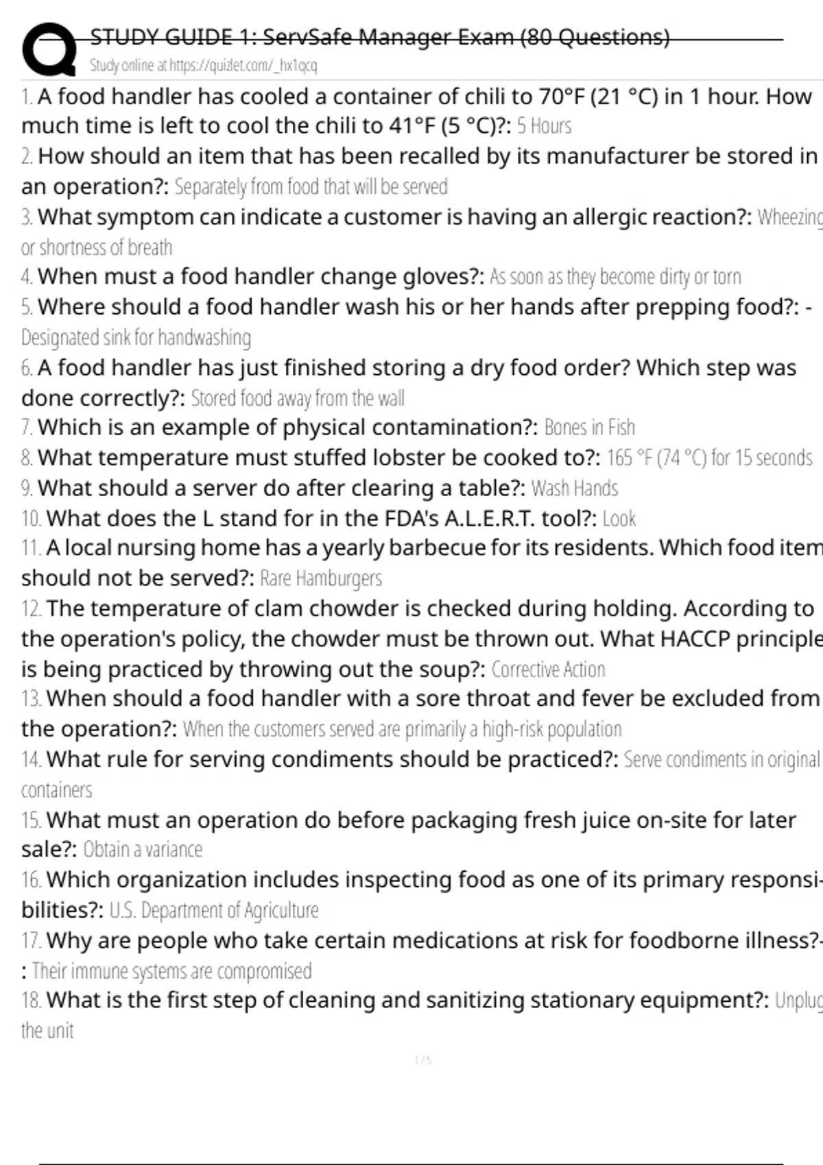 STUDY GUIDE 1: ServSafe Manager Exam (80 Questions) Exam Questions and ...