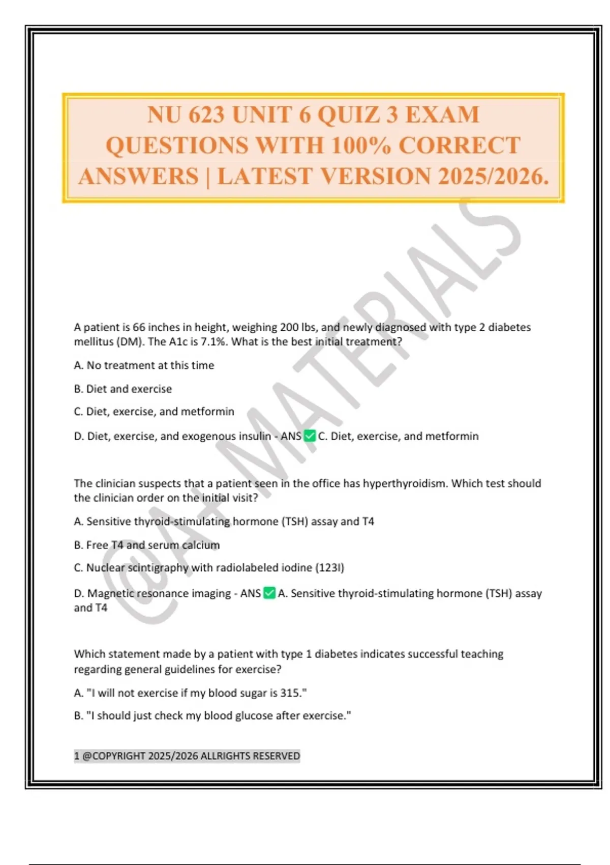 NU 623 UNIT 6 QUIZ 3 EXAM QUESTIONS WITH 100% CORRECT ANSWERS | LATEST ...