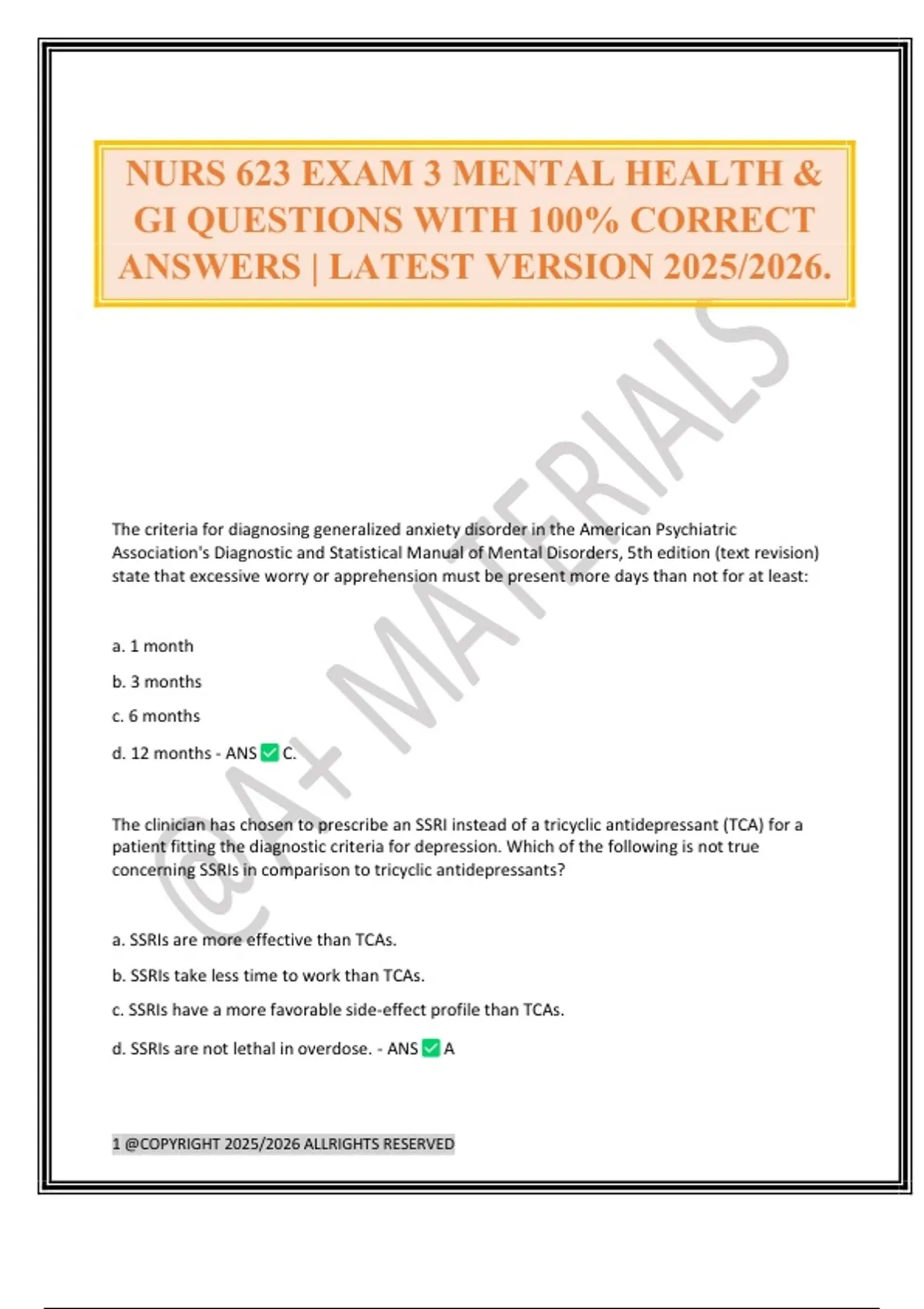 NURS 623 EXAM 3 MENTAL HEALTH & GI QUESTIONS WITH 100% CORRECT ANSWERS ...