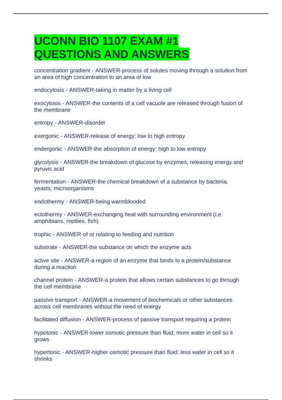 UCONN BIO 1107 EXAM #1 QUESTIONS AND ANSWERS - BIO 1107 - Stuvia US