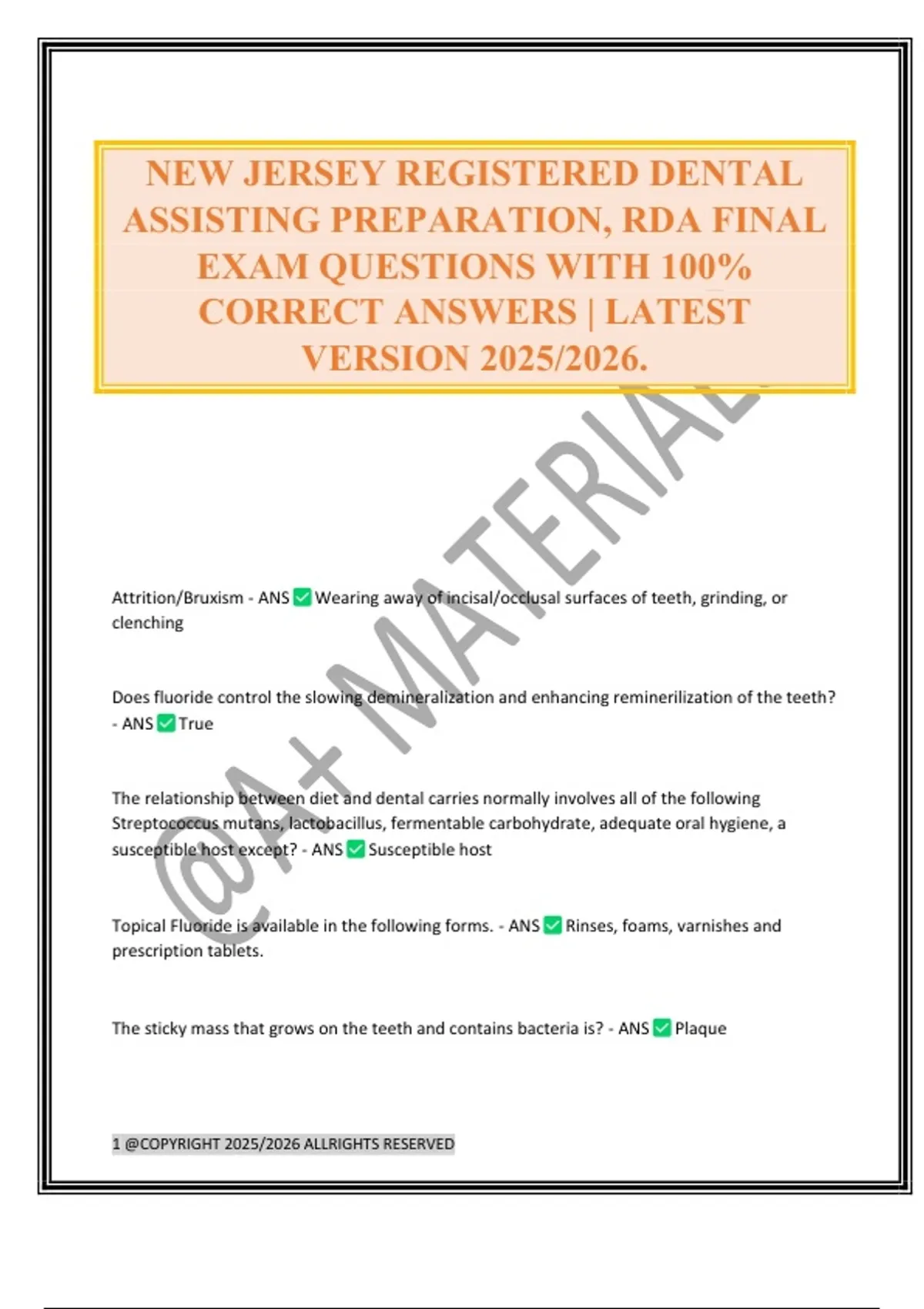 NEW JERSEY REGISTERED DENTAL ASSISTING PREPARATION, RDA FINAL EXAM ...