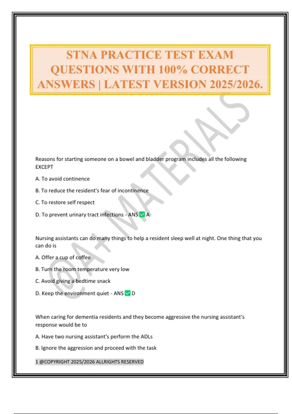 Stna Interview Questions STNA PRACTICE TEST EXAM QUESTIONS WITH 100% CORRECT ANSWERS | LATEST ...