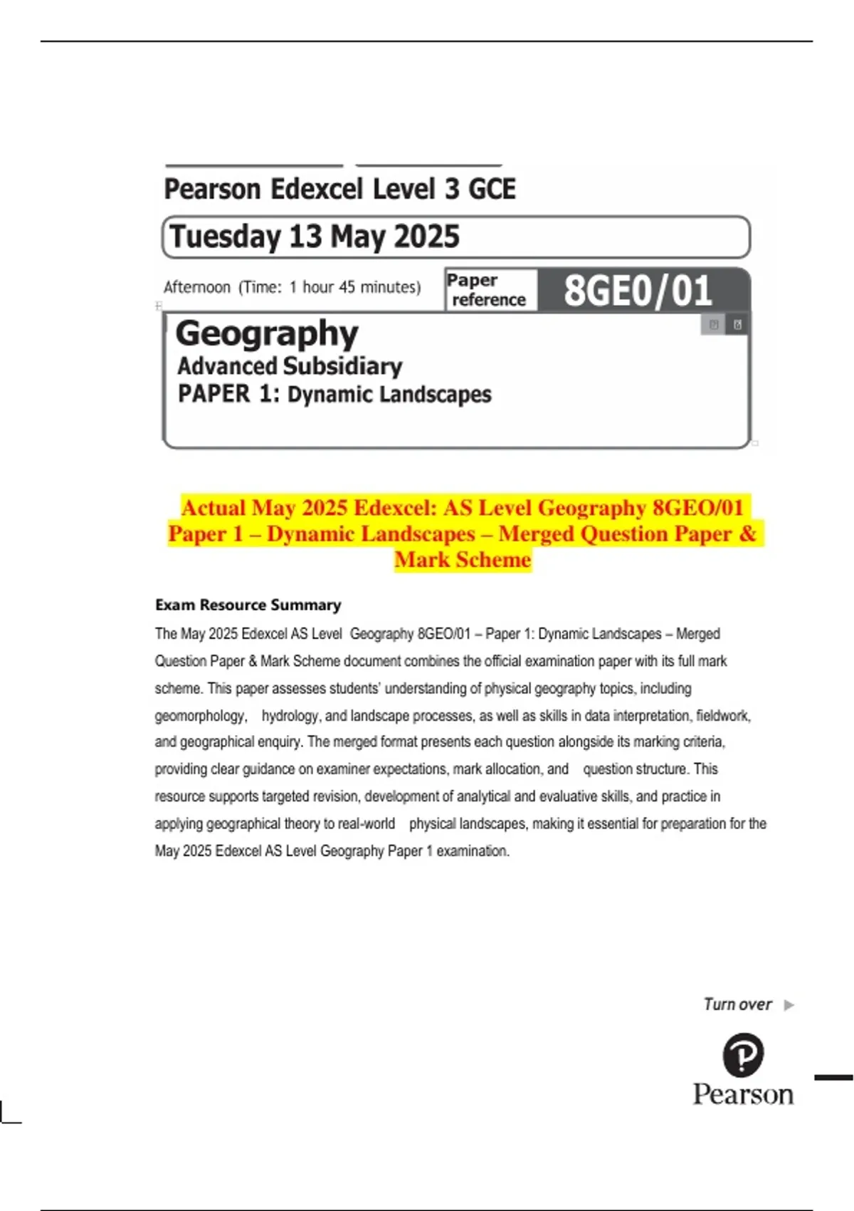 Actual May 2025 Edexcel: AS Level Geography 8GEO/01 Paper 1 – Dynamic ...
