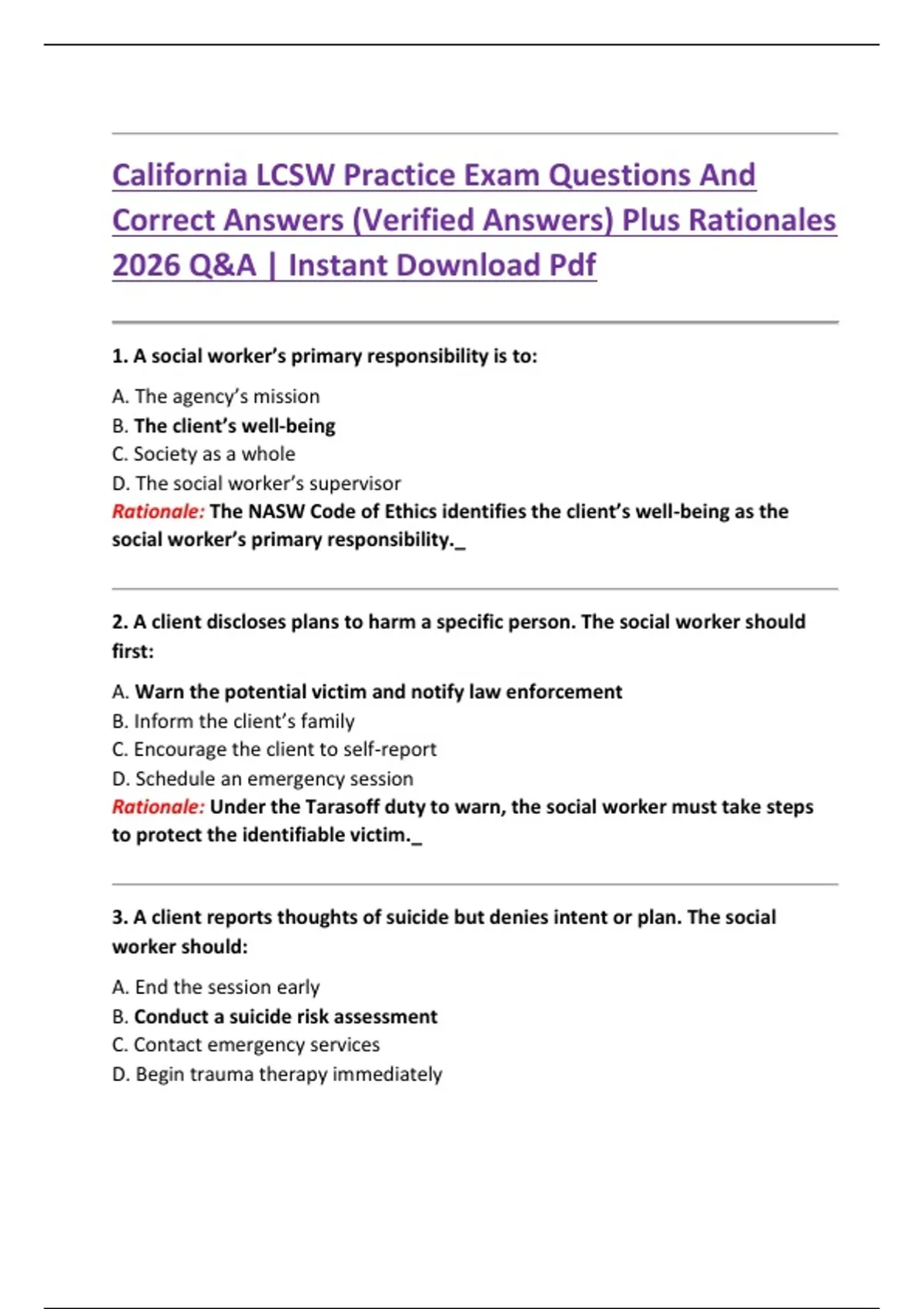 Example Lcsw Questions California LCSW Practice Exam Questions And Correct Answers (Verified ...