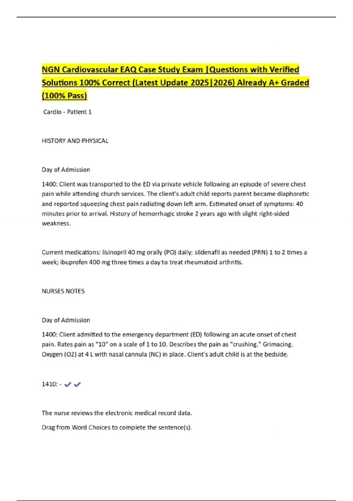 NGN Cardiovascular EAQ Case Study Exam |Questions with Verified ...