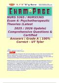 NURS 5365 &sol; NURS5365 Exam 4&colon; Psychotherapeutic Theories &lpar;Latest  2025 &sol; 2026 Update&rpar;   Comprehensive Questions & Certified  Answers &vert; Grade A &vert; 100&percnt; Correct &ndash; UT Tyler