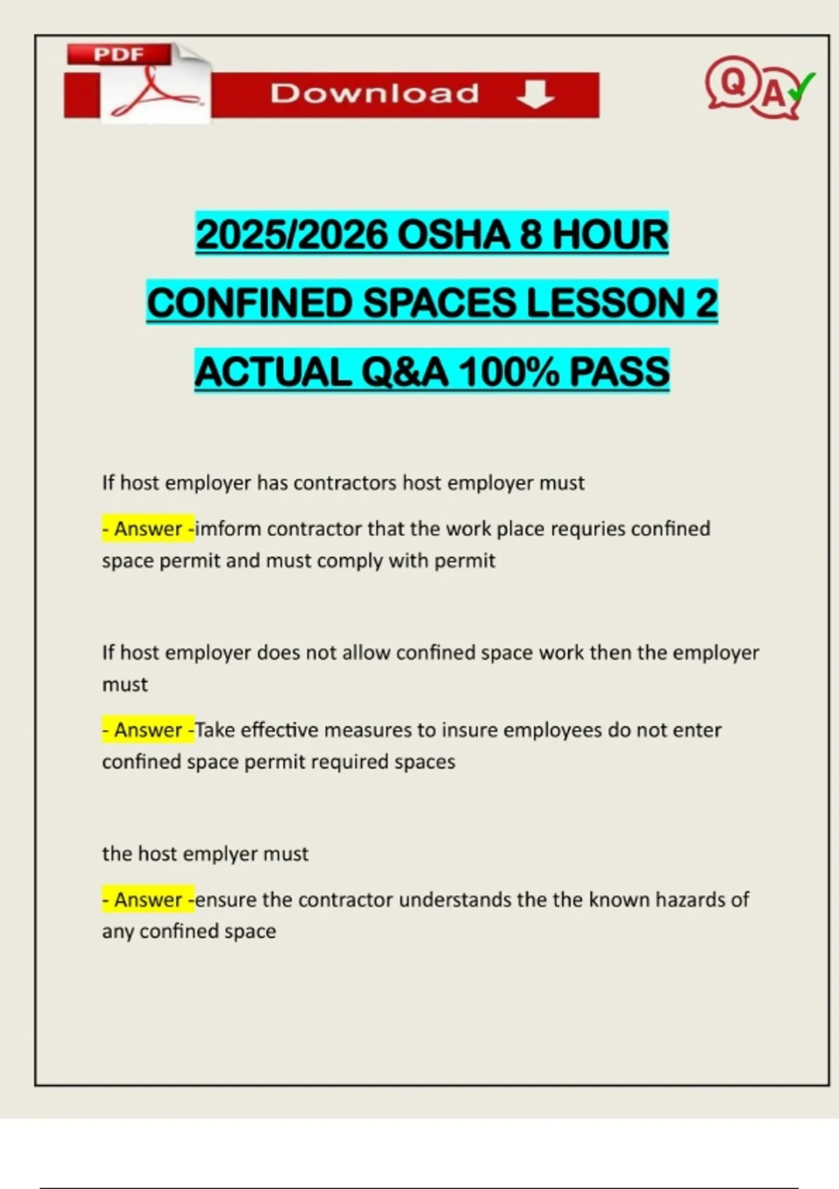 2025/2026 OSHA 8 HOUR CONFINED SPACES LESSON 2 ACTUAL Q&A 100% PASS ...