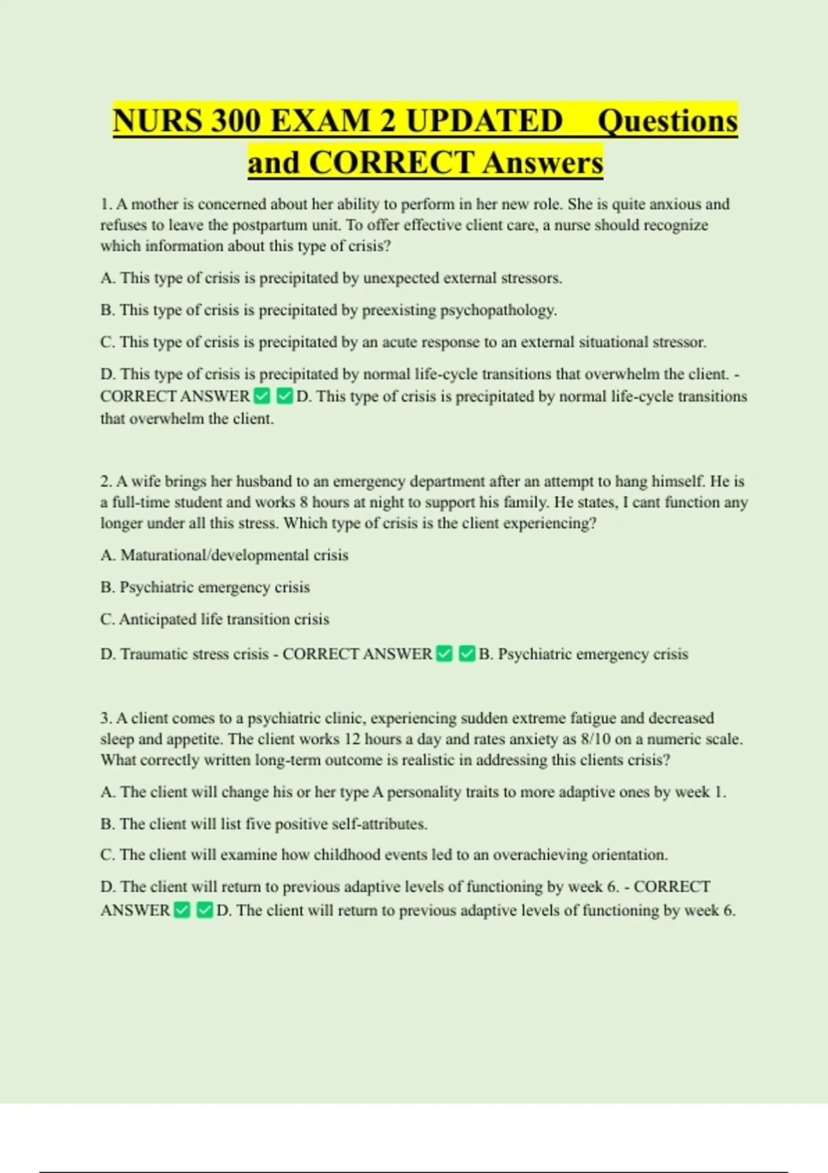 NURS 300 EXAM 2 UPDATED Questions and CORRECT Answers - NUR 300 - Stuvia US