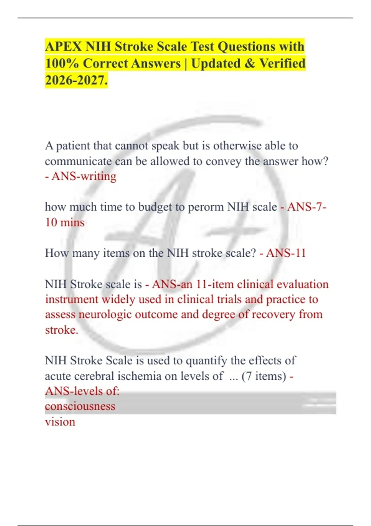 APEX NIH Stroke Scale Test Questions with 100% Correct Answers ...