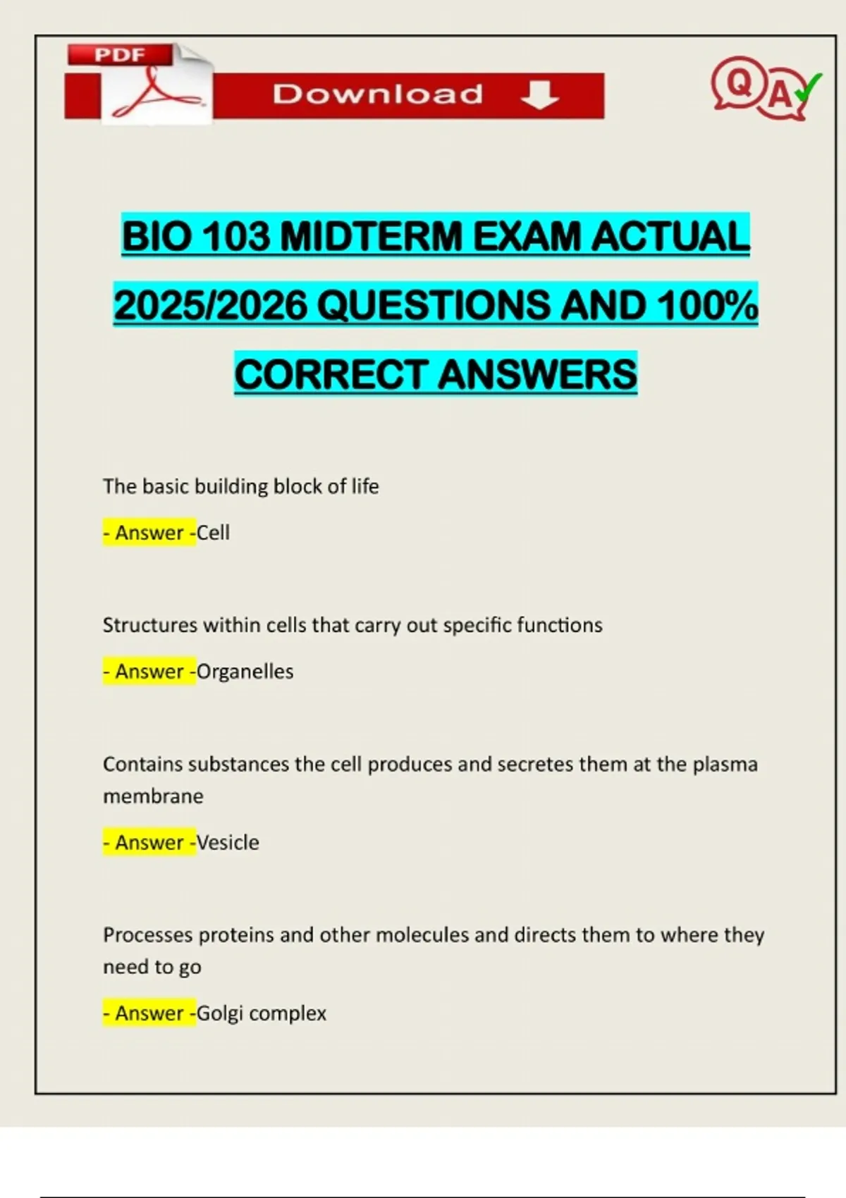 BIO 103 MIDTERM EXAM ACTUAL 2025/2026 QUESTIONS AND 100% CORRECT ...