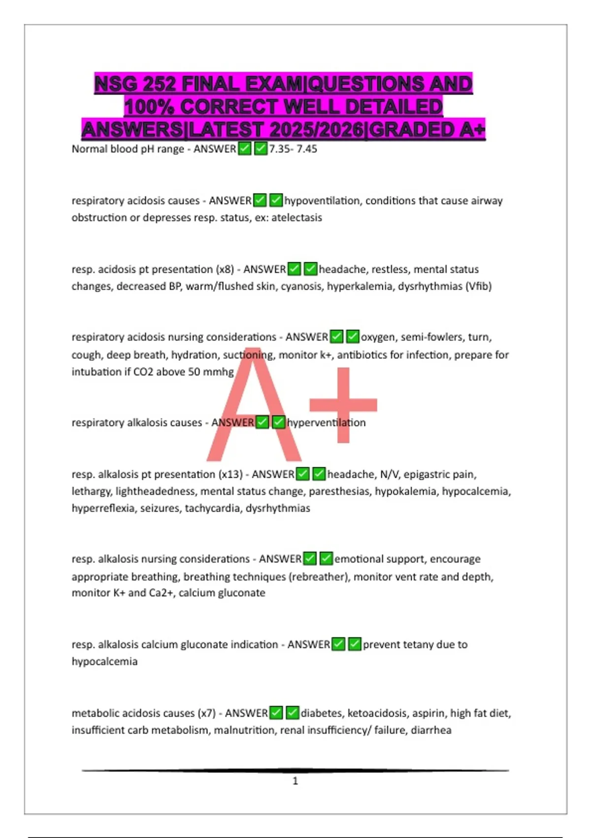 NSG 252 FINAL EXAM|QUESTIONS AND 100% CORRECT WELL DETAILED ANSWERS ...