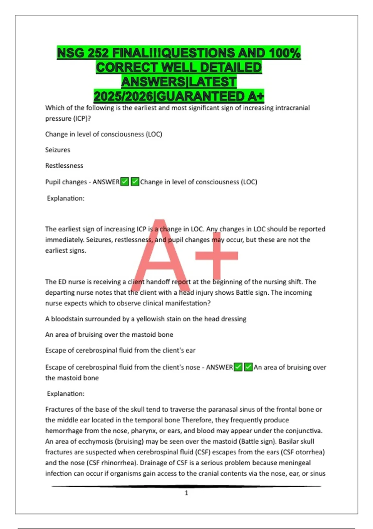 NSG 252 FINAL QUESTIONS AND 100 CORRECT WELL DETAILED ANSWERS LATEST 
