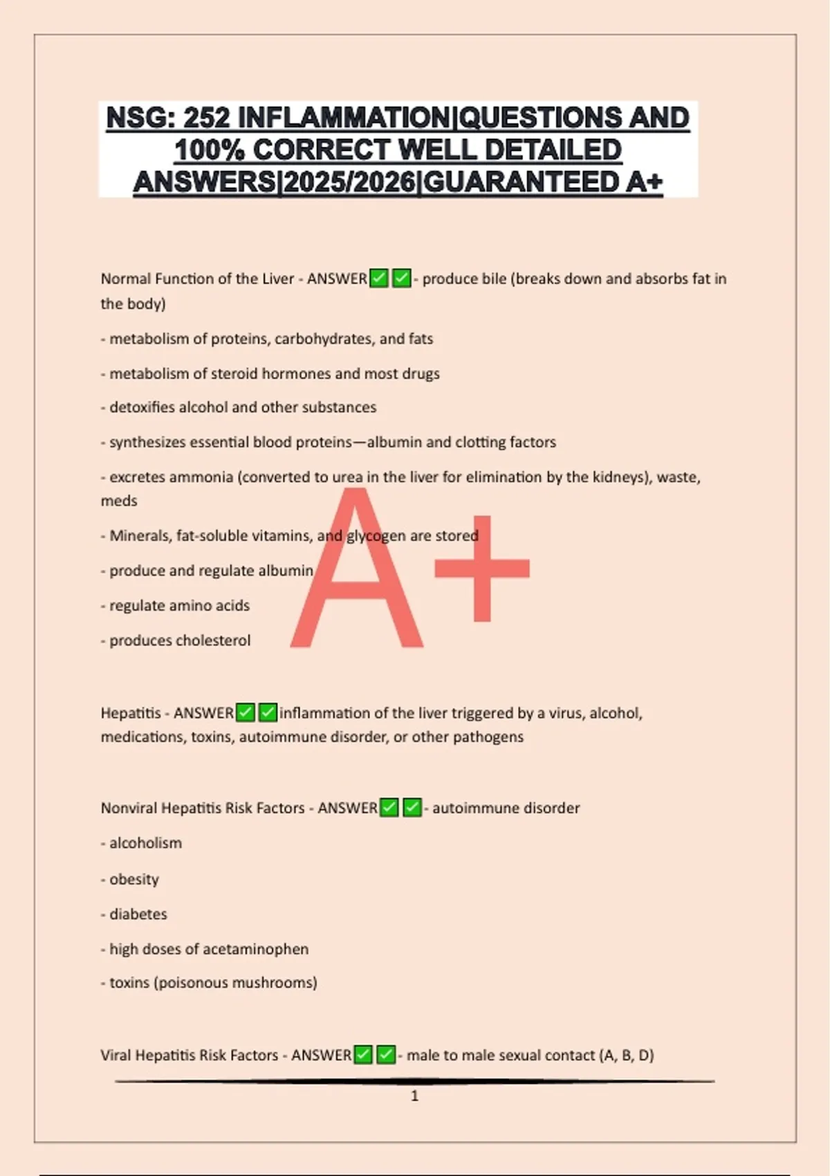NSG: 252 INFLAMMATION|QUESTIONS AND 100% CORRECT WELL DETAILED ANSWERS ...