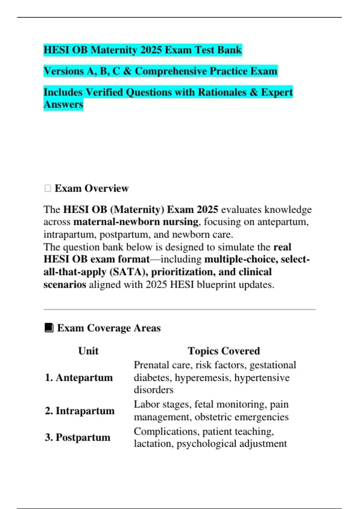 HESI OB Maternity 2025 Exam Test Bank Versions A, B, C & Comprehensive ...