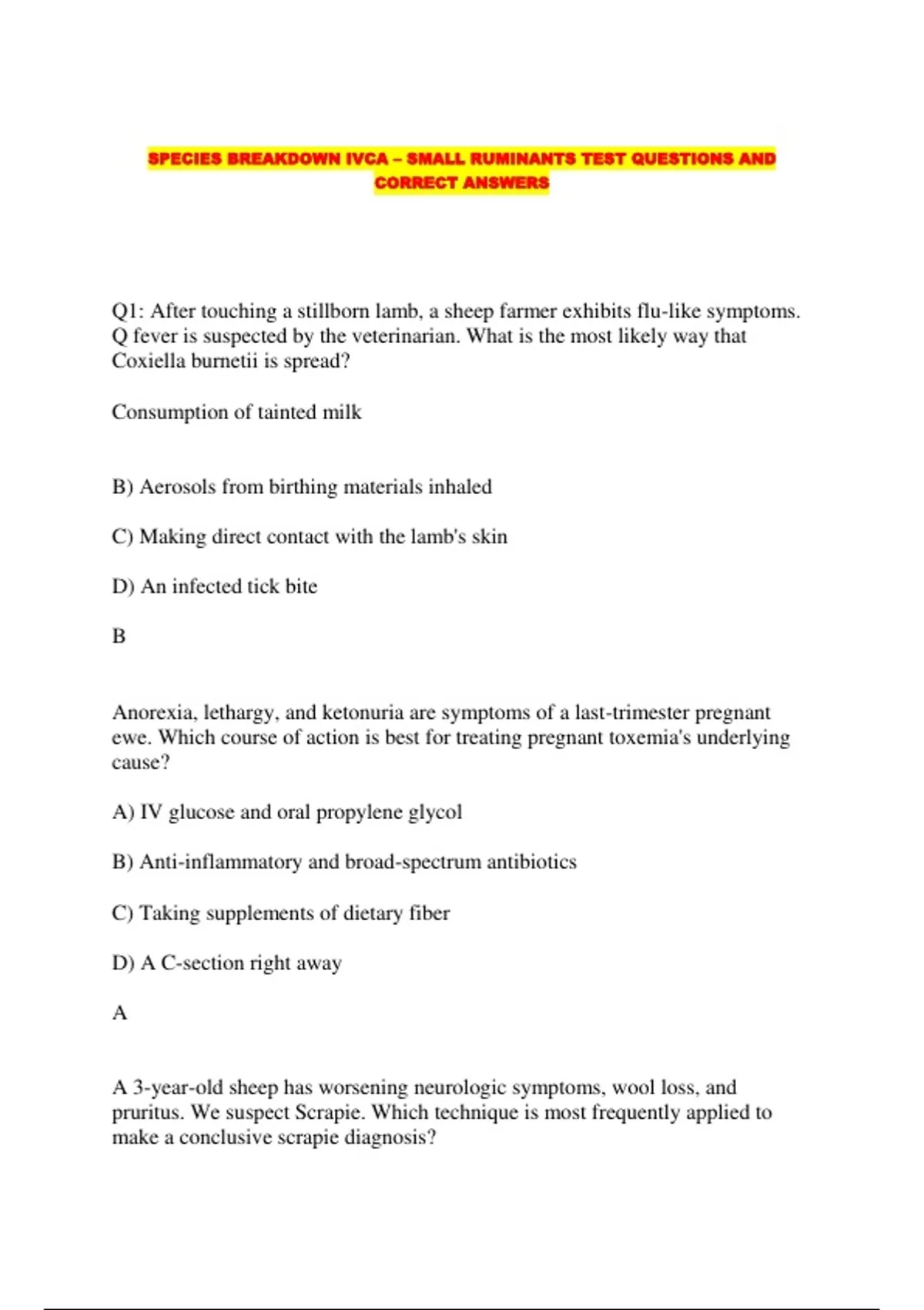 Sample Practical Question On Ruminant SPECIES BREAKDOWN IVCA – SMALL RUMINANTS TEST QUESTIONS AND CORRECT ...