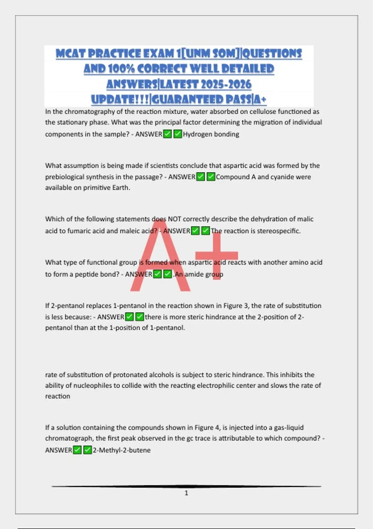 MCAT PRACTICE EXAM 1[UNM SOM]|QUESTIONS AND 100% CORRECT WELL DETAILED ...