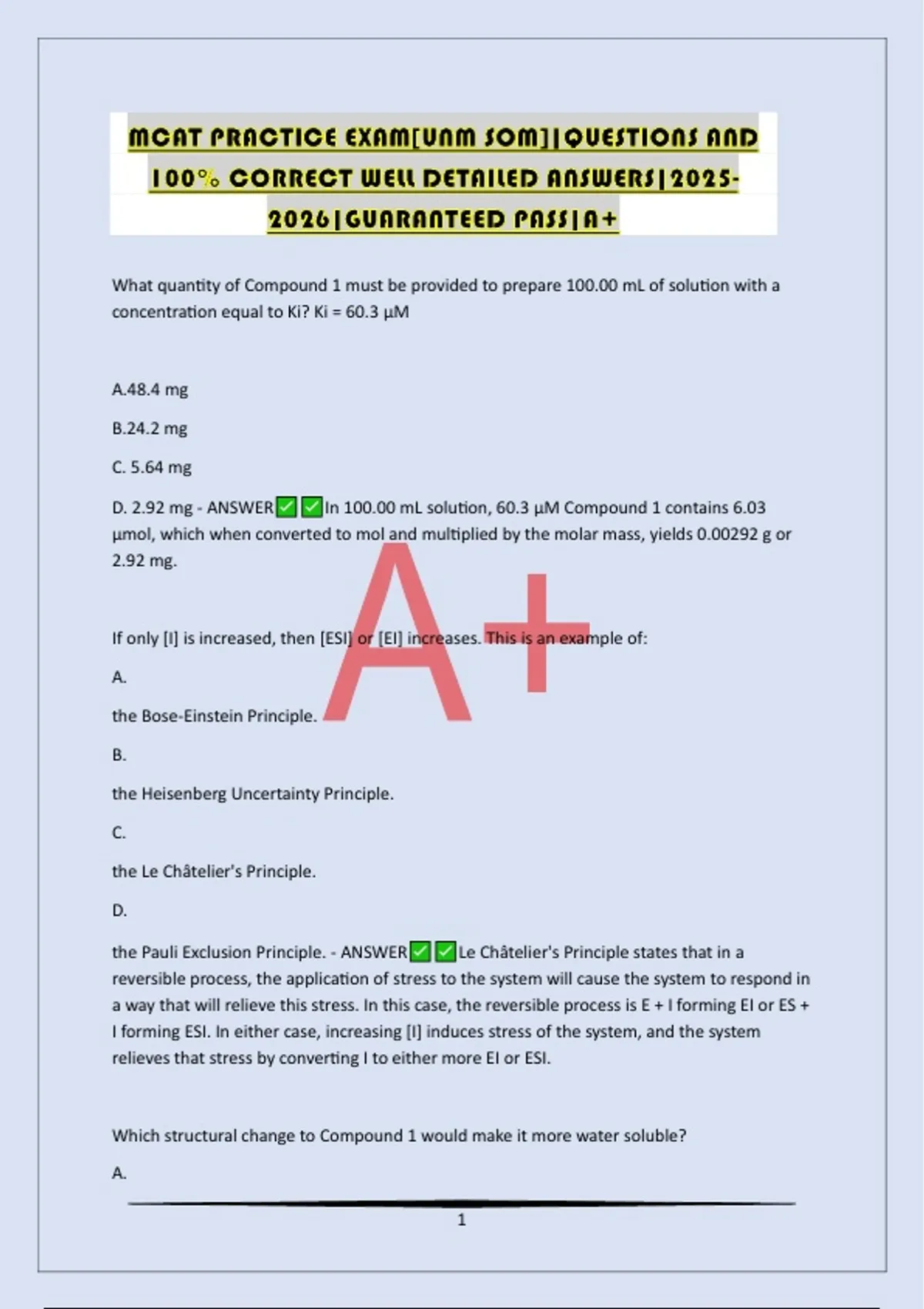 MCAT PRACTICE EXAM[UNM SOM]|QUESTIONS AND 100% CORRECT WELL DETAILED ...