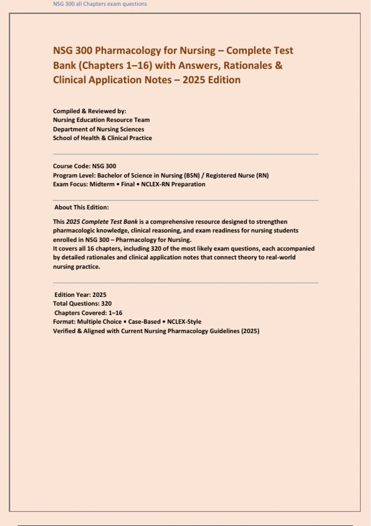 NSG 300 PHARMACOLOGY FOR NURSING ( Complete test bank CHAP 1 to CHAP 16 ...