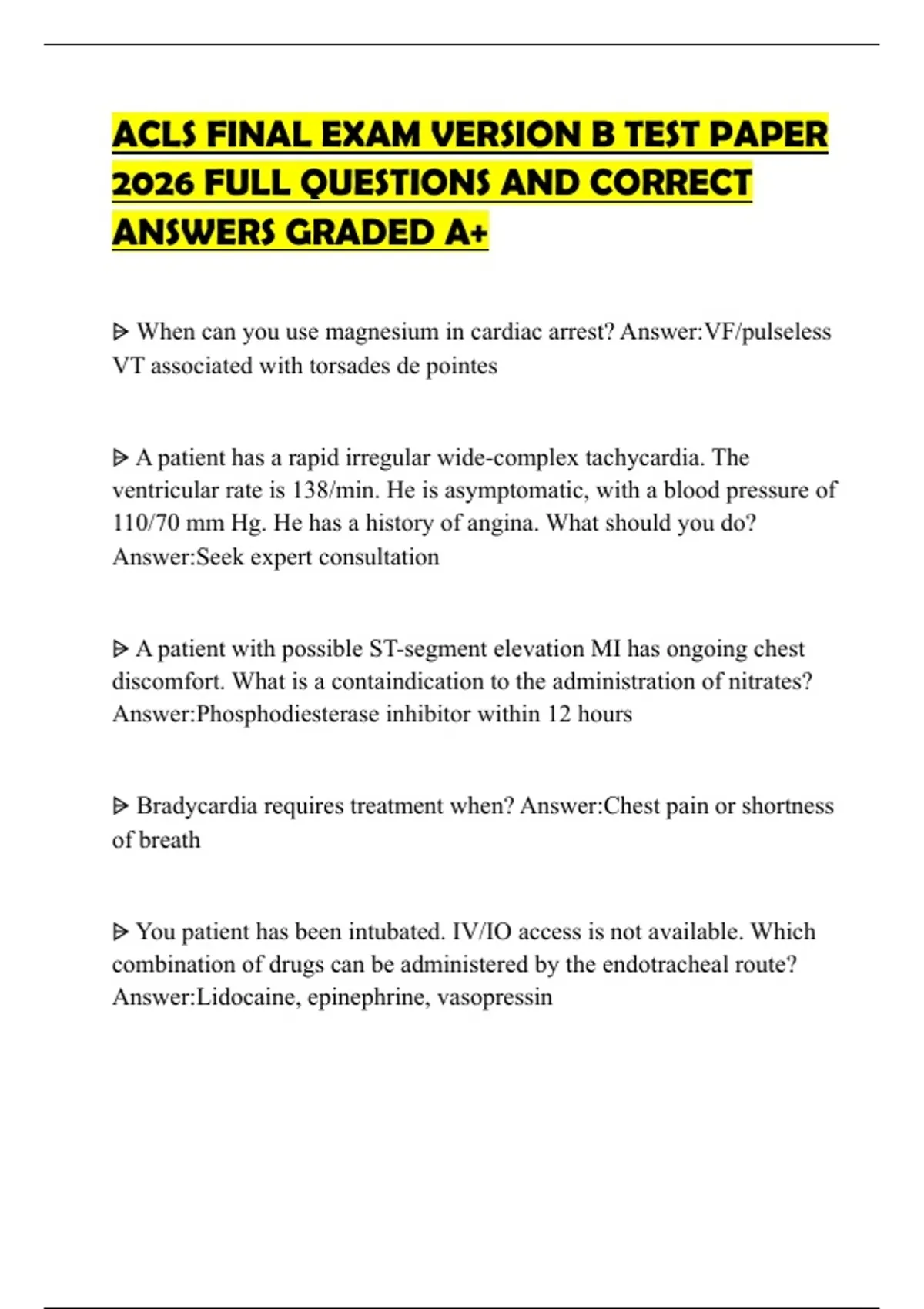 ACLS FINAL EXAM VERSION B TEST PAPER 2026 FULL QUESTIONS AND CORRECT ...