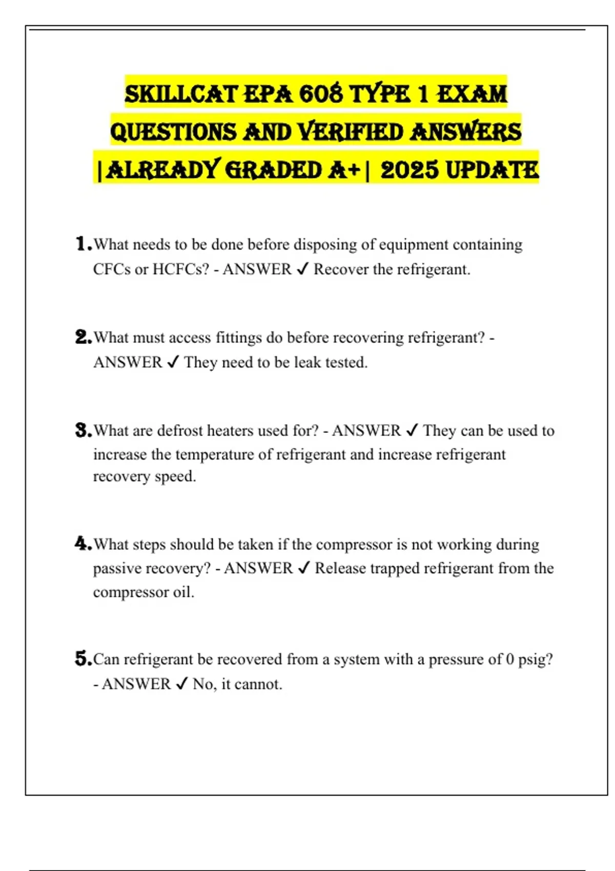 SKILLCAT EPA 608 TYPE 1 EXAM QUESTIONS AND VERIFIED ANSWERS |ALREADY ...