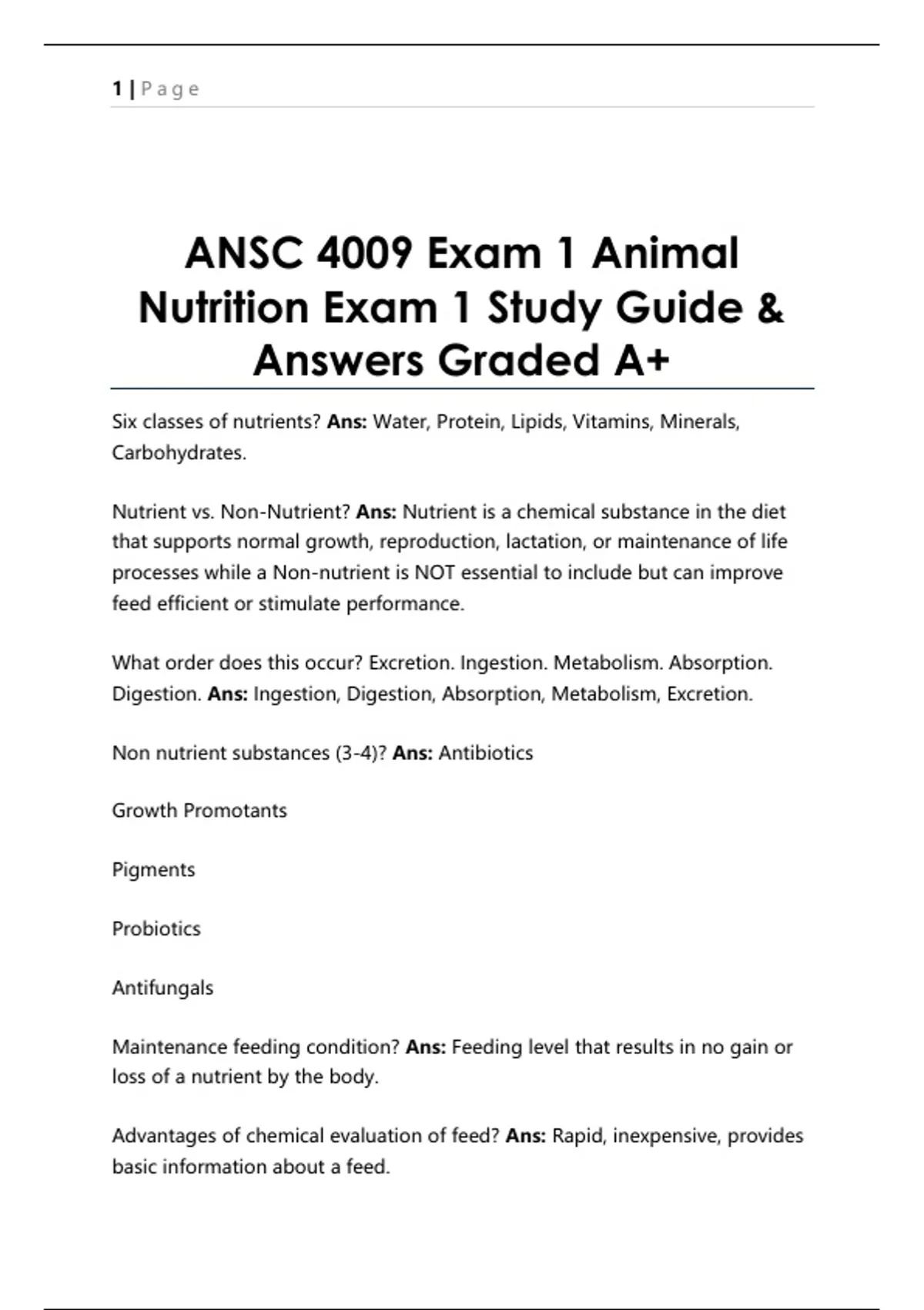 ANSC 4009 Exam 1 Animal Nutrition Exam 1 Study Guide & Answers Graded ...