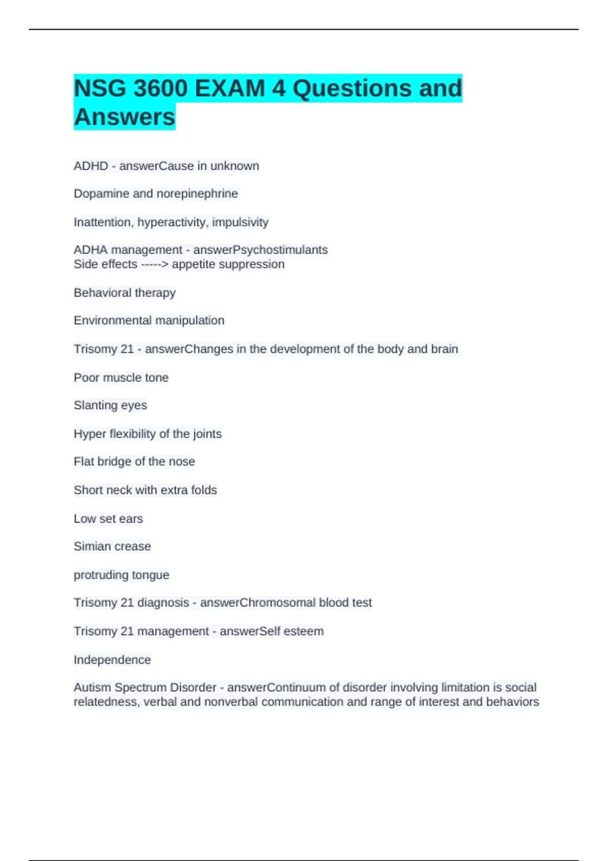 NSG 3600 EXAM 4 Questions and Answers - NSG 3600 - Stuvia US