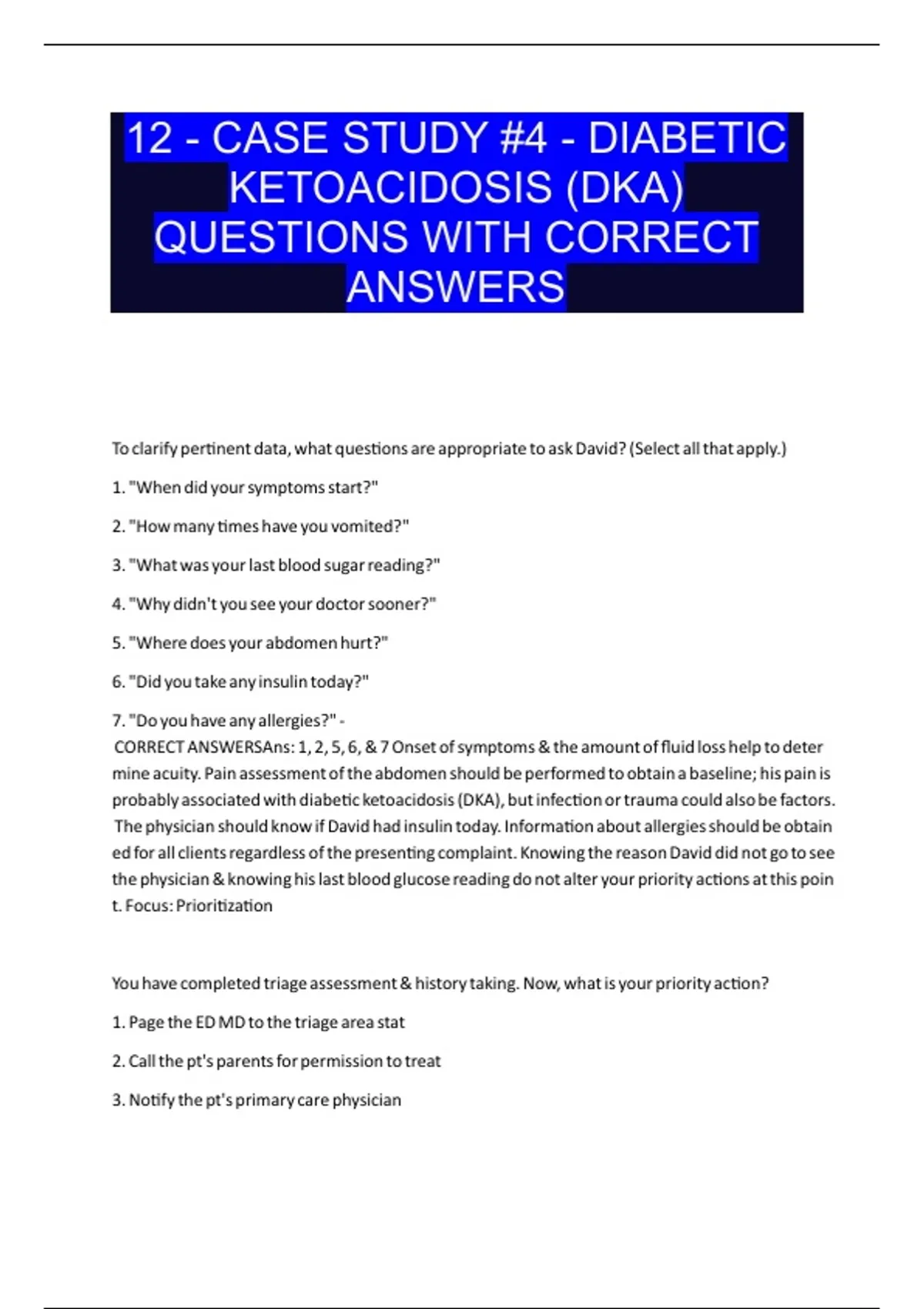 12 - CASE STUDY #4 - DIABETIC KETOACIDOSIS (DKA) QUESTIONS WITH CORRECT ...