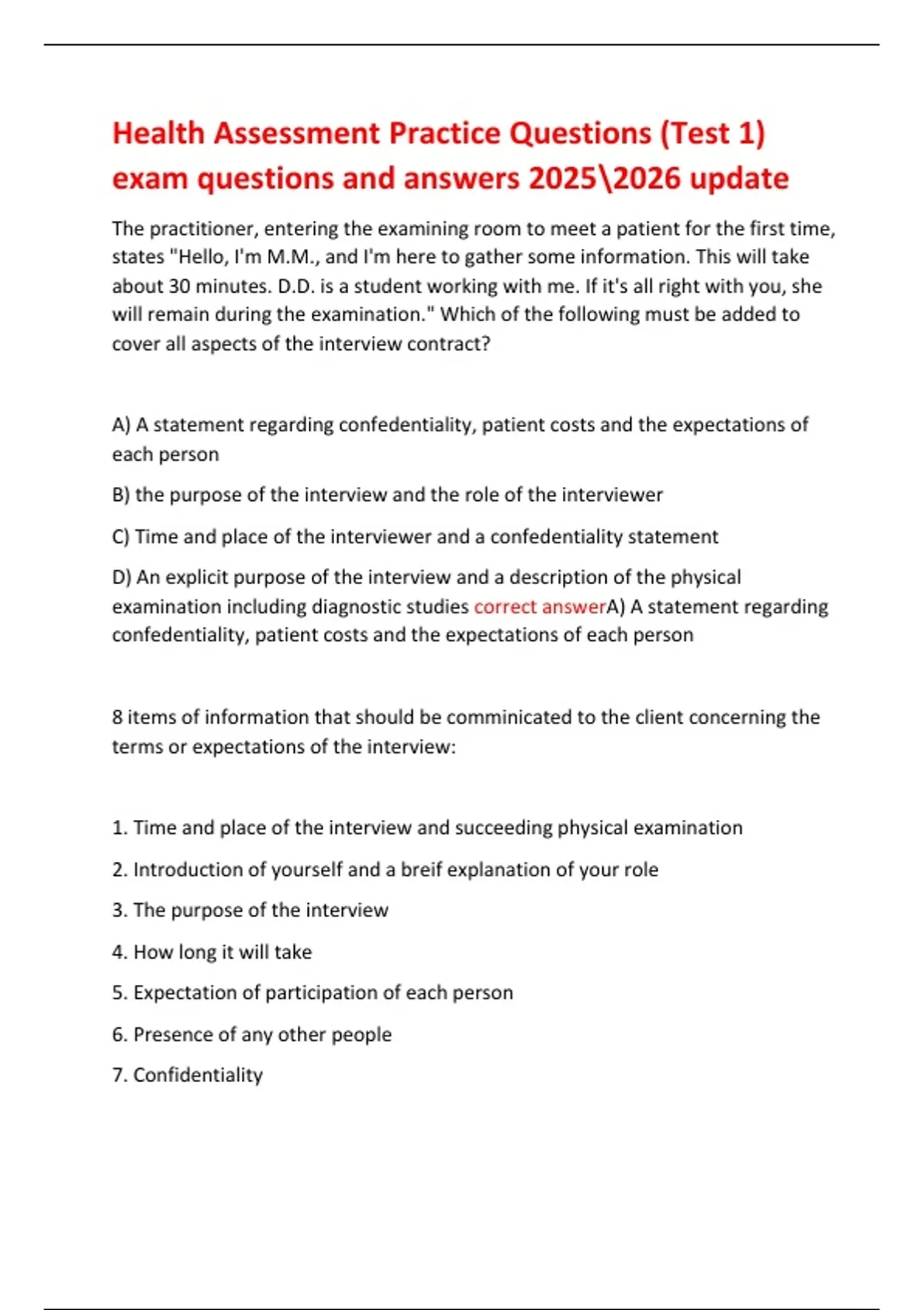 Health Assessment Practice Questions (Test 1) exam questions and ...