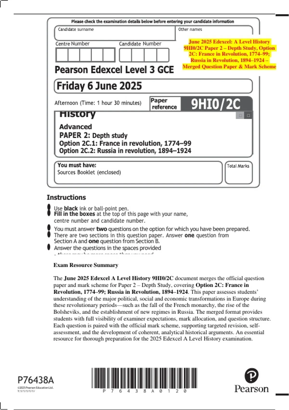 June 2025 Edexcel: A Level History 9HI0/2C Paper 2 – Depth Study ...