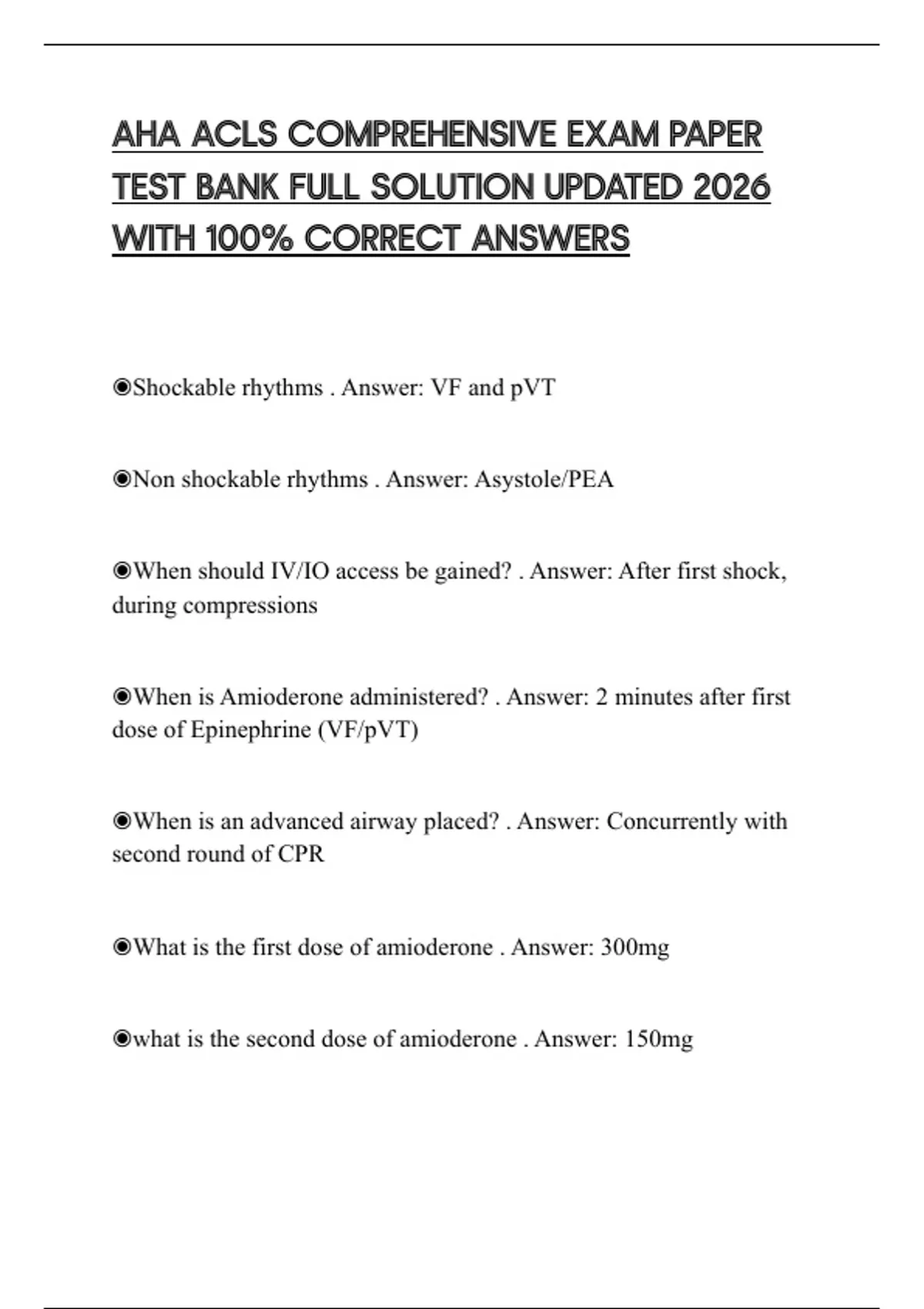 AHA ACLS COMPREHENSIVE EXAM PAPER TEST BANK FULL SOLUTION UPDATED 2026 ...